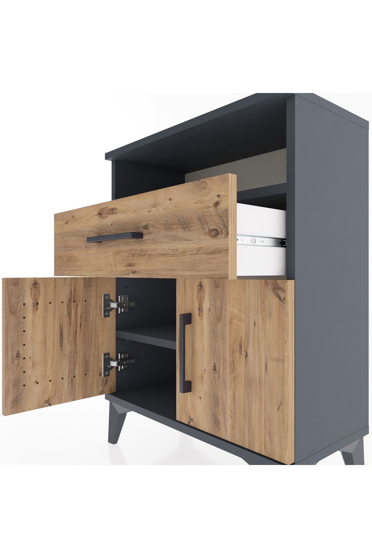 Arges Komodin Tek Raflı 2 Çekmeceli 2 Kapaklı 60x30x80 Antrasit-Çam