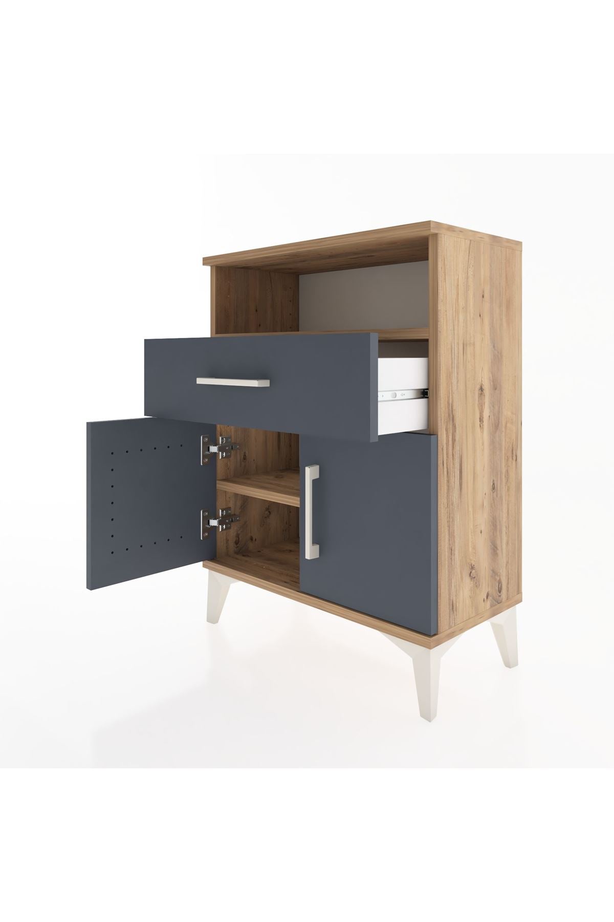 Arges Komodin Tek Raflı 2 Çekmeceli 2 Kapaklı 60x30x80 Çam-Antrasit