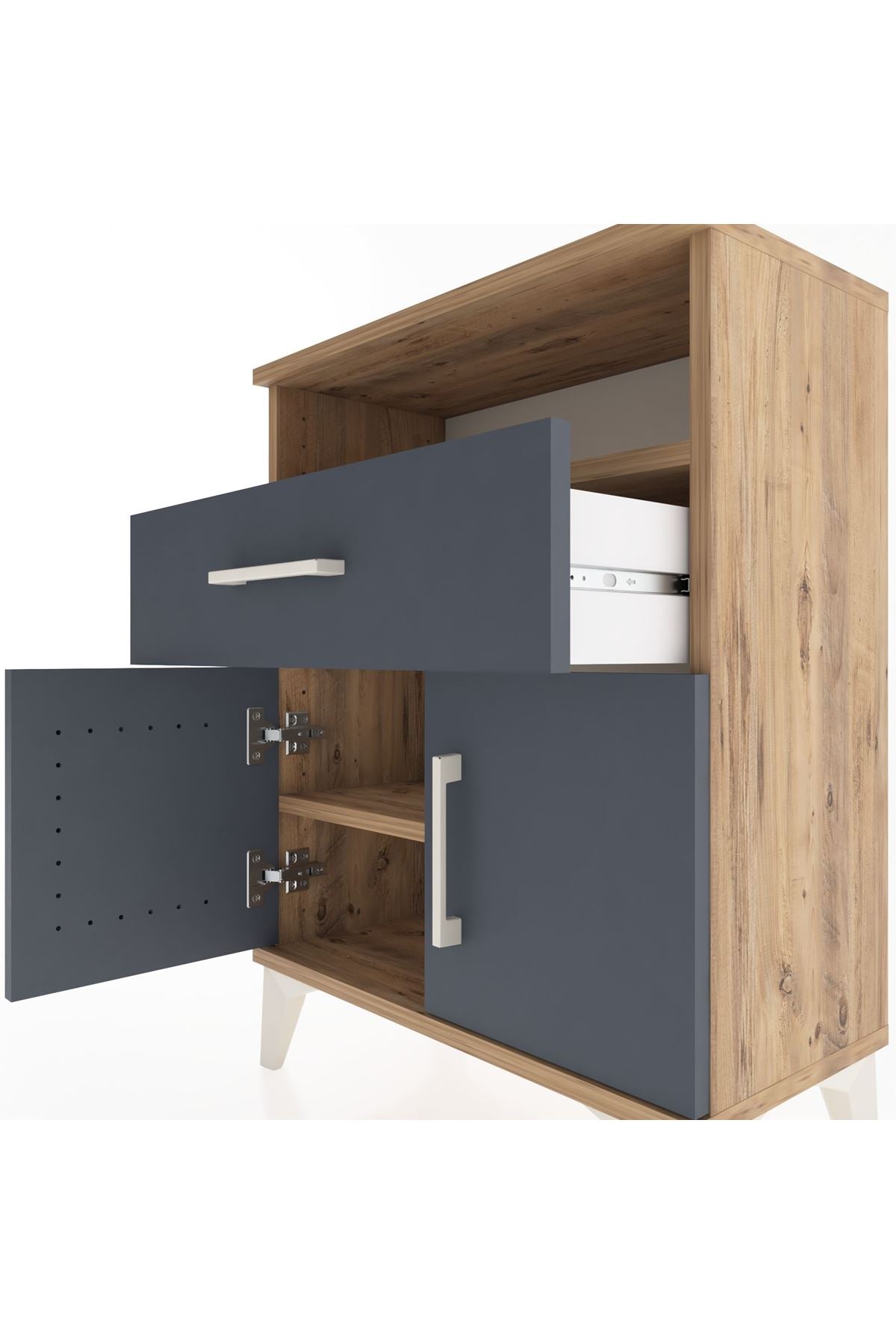 Arges Komodin Tek Raflı 2 Çekmeceli 2 Kapaklı 60x30x80 Çam-Antrasit