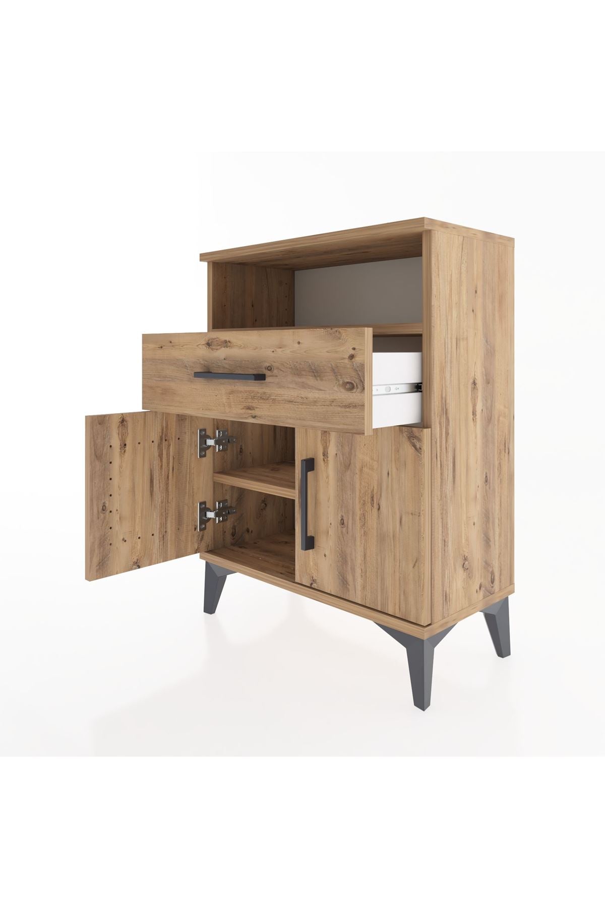 Arges Komodin Tek Raflı 2 Çekmeceli 2 Kapaklı 60x30x80 Çam-Çam