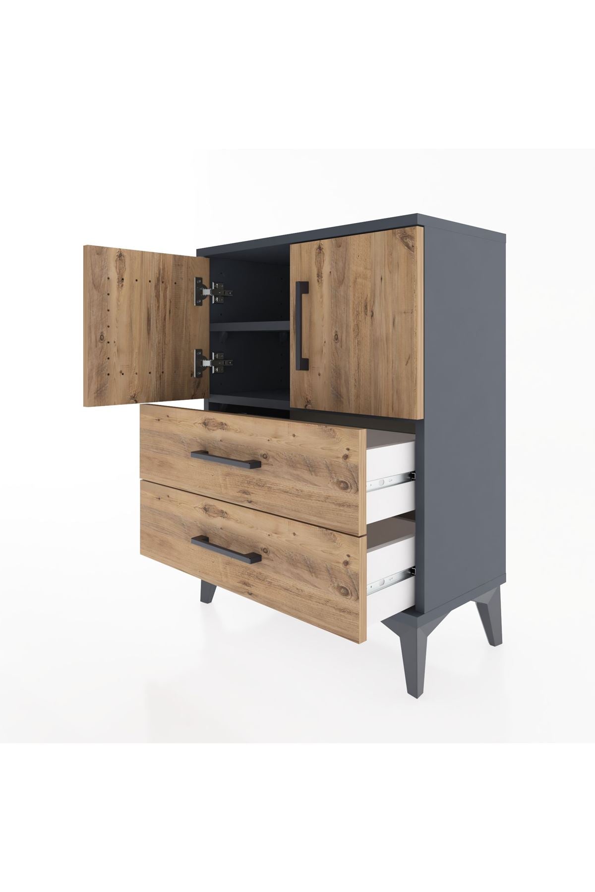 Arges Komodin Tek Raflı Tek Çekmeceli 2 Kapaklı 60x30x80 Antrasit-Çam