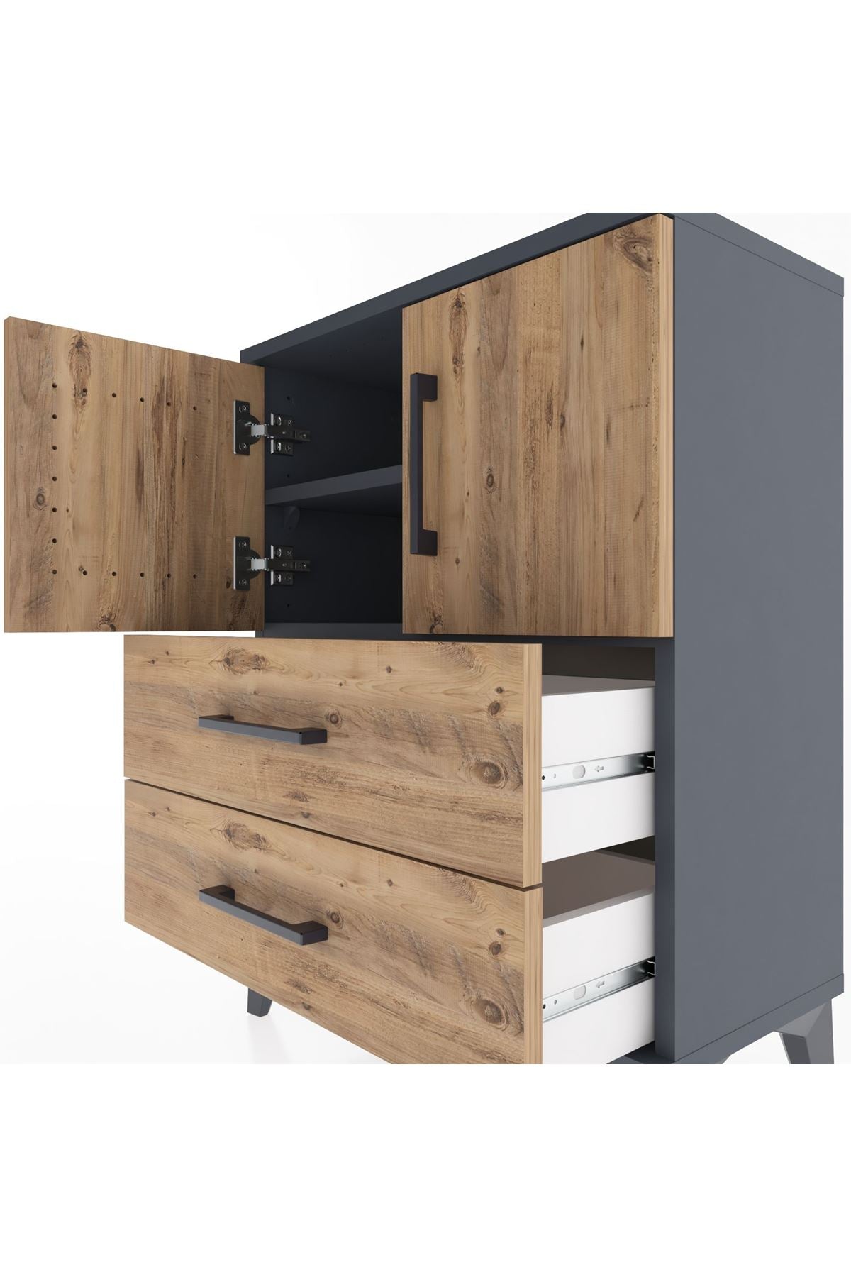 Arges Komodin Tek Raflı Tek Çekmeceli 2 Kapaklı 60x30x80 Antrasit-Çam