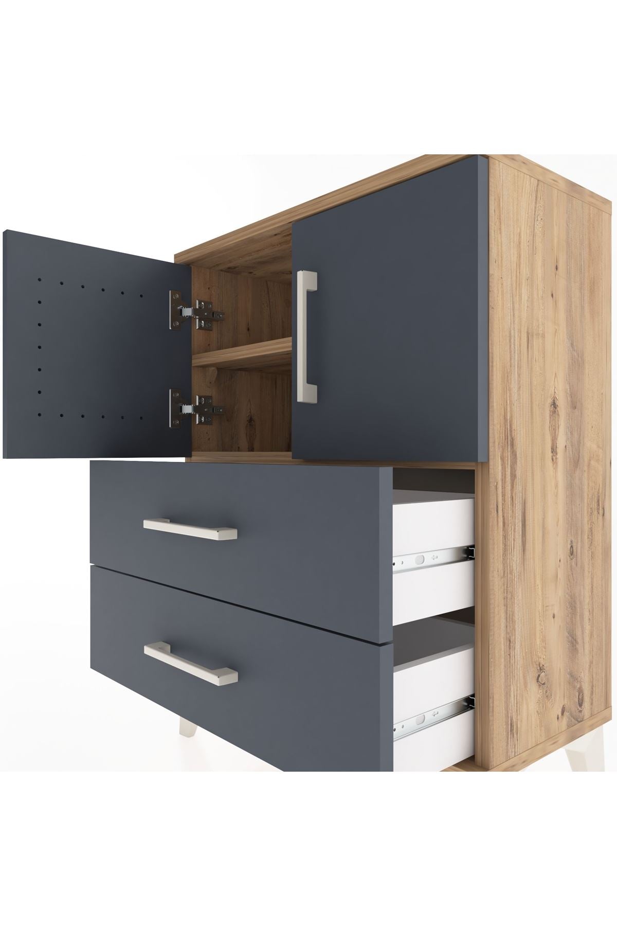 Arges Komodin Tek Raflı Tek Çekmeceli 2 Kapaklı 60x30x80 Çam-Antrasit