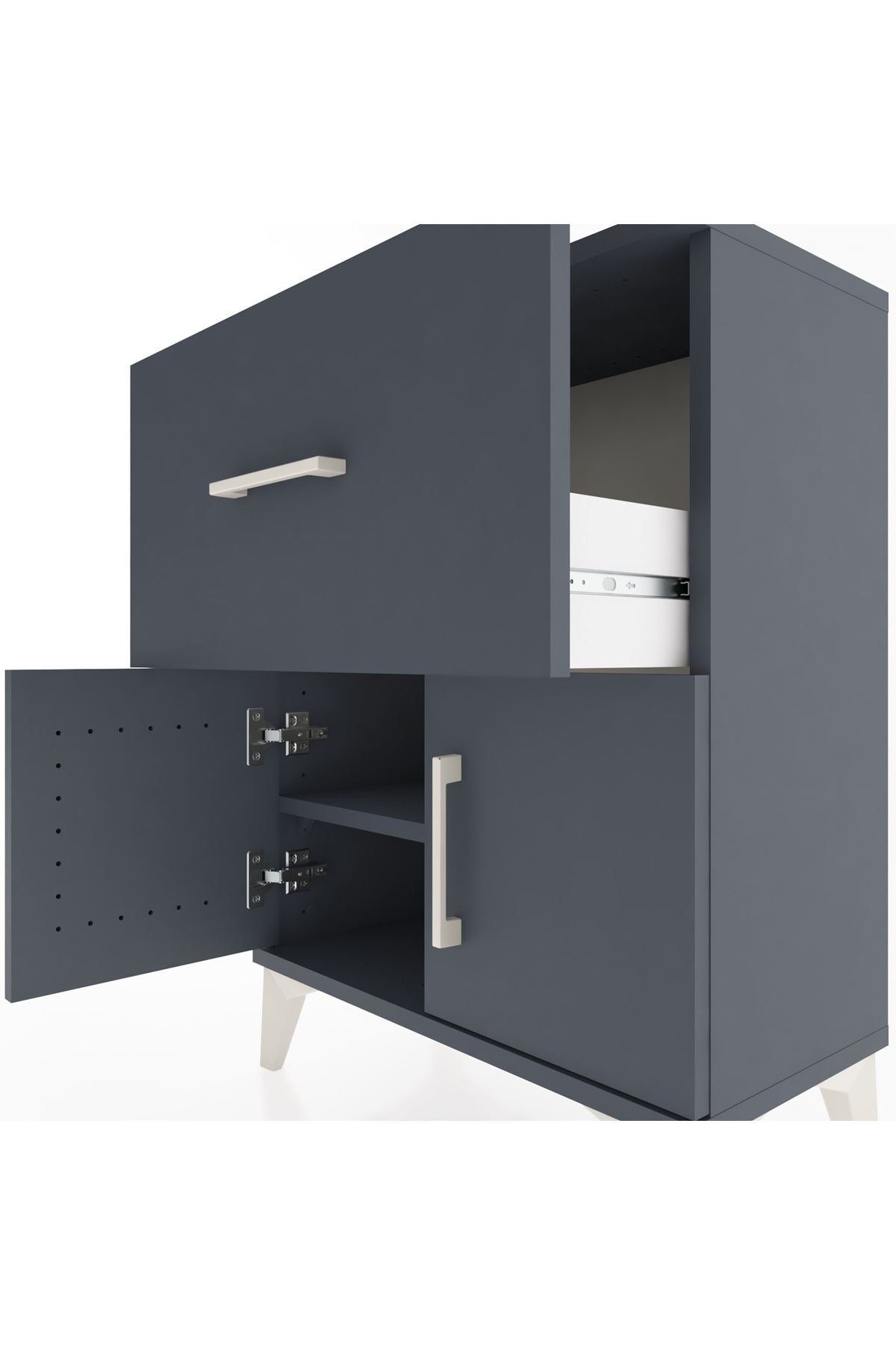 Arges Komodin 3 Raflı Tek Çekmeceli 2 Kapaklı 60x30x80 Antrasit-Antrasit