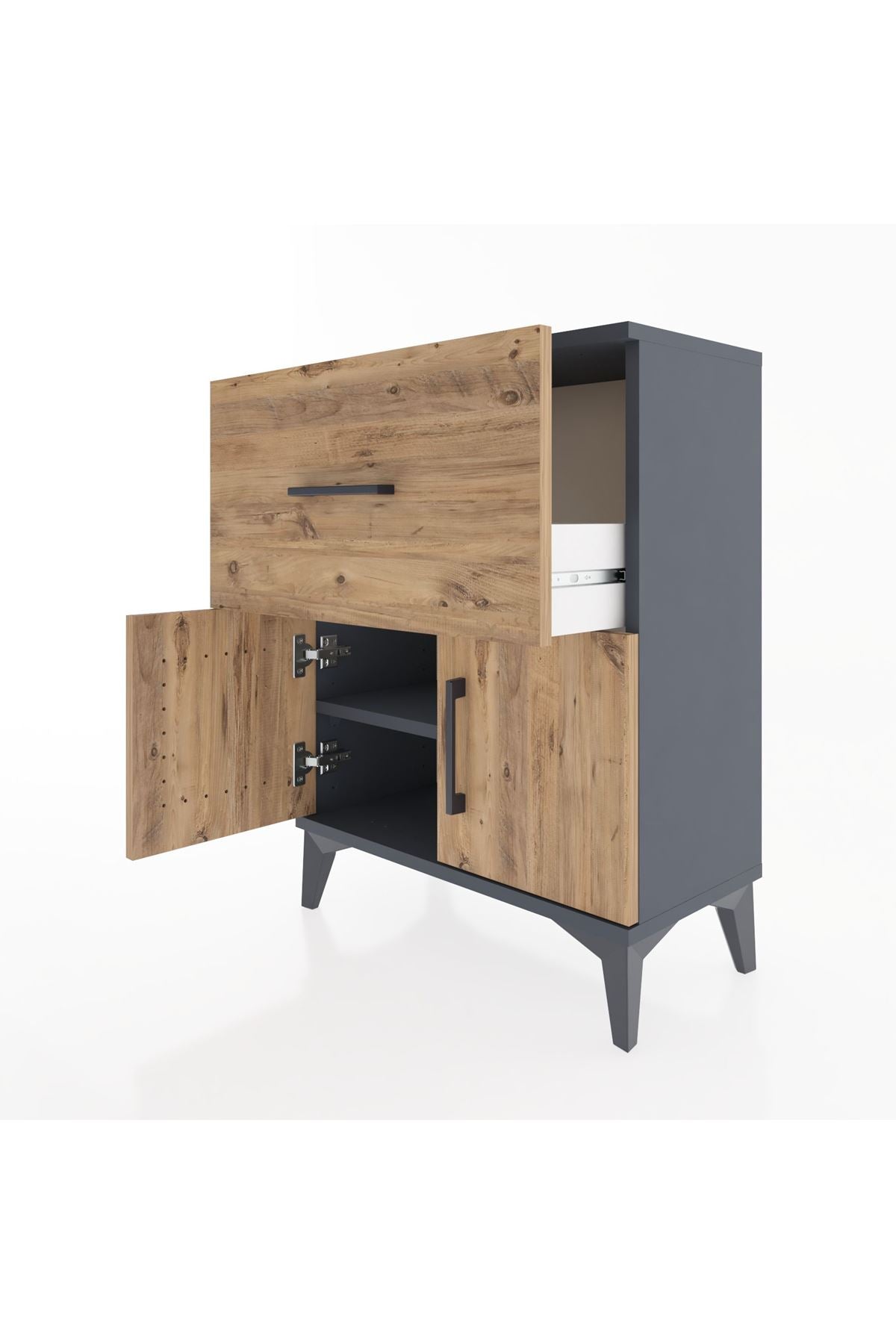 Arges Komodin 3 Raflı Tek Çekmeceli 2 Kapaklı 60x30x80 Antrasit-Çam