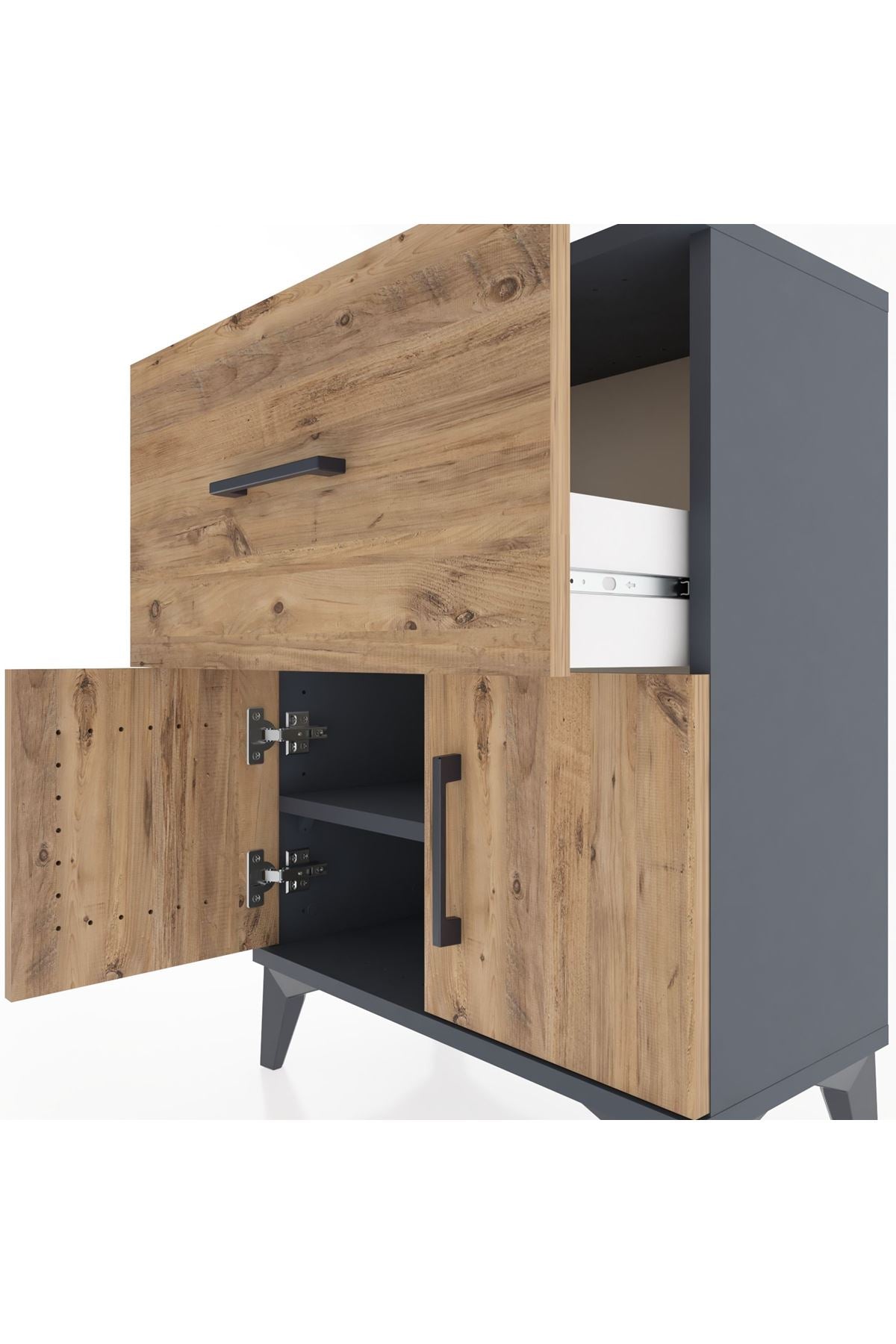 Arges Komodin 3 Raflı Tek Çekmeceli 2 Kapaklı 60x30x80 Antrasit-Çam