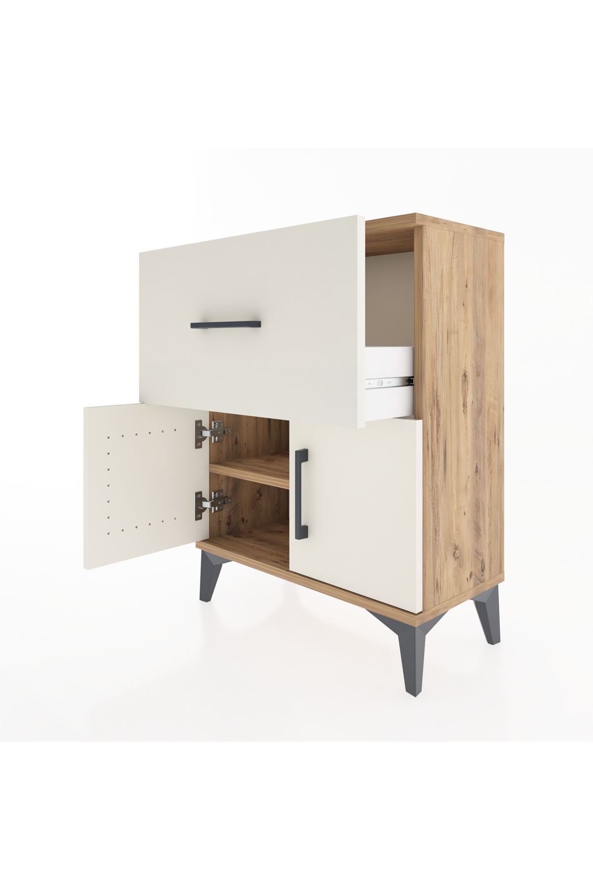 Arges Komodin 3 Raflı Tek Çekmeceli 2 Kapaklı 60x30x80 Çam-Aytaşı