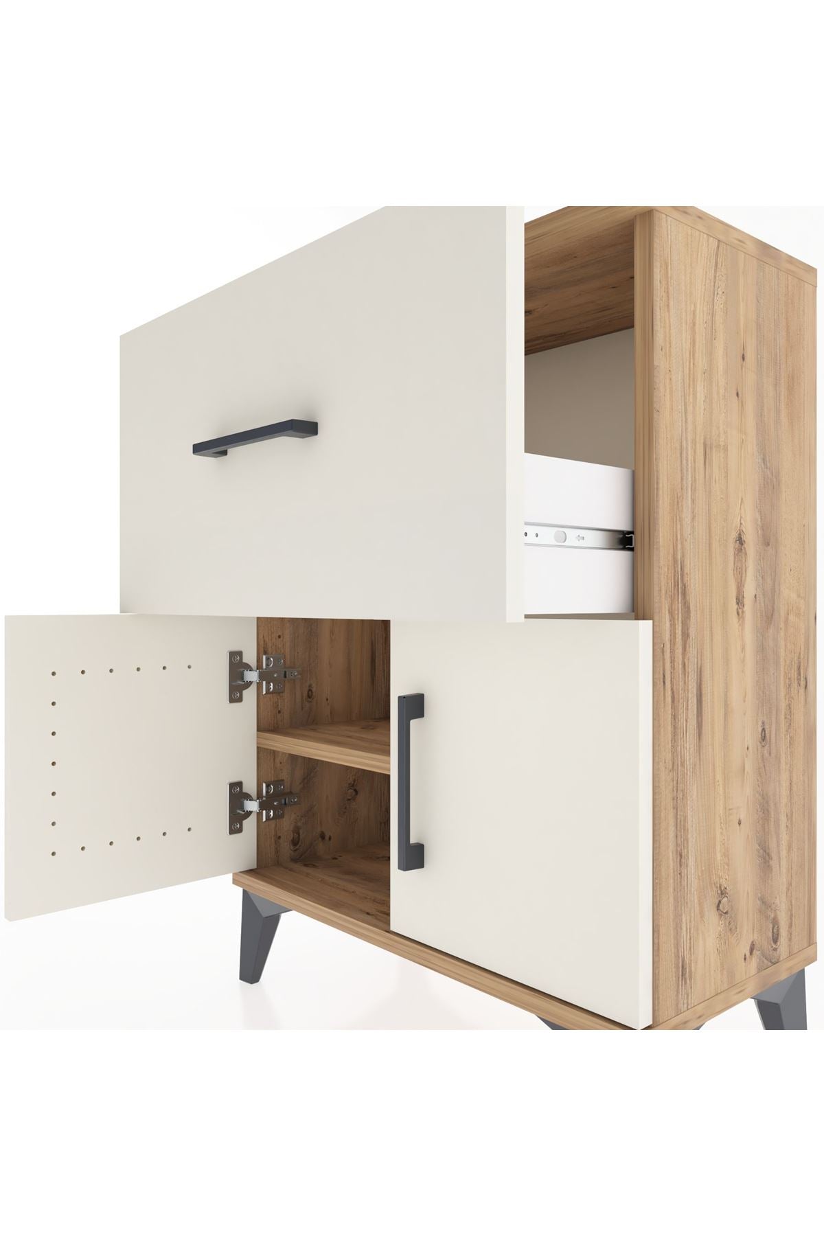 Arges Komodin 3 Raflı Tek Çekmeceli 2 Kapaklı 60x30x80 Çam-Aytaşı