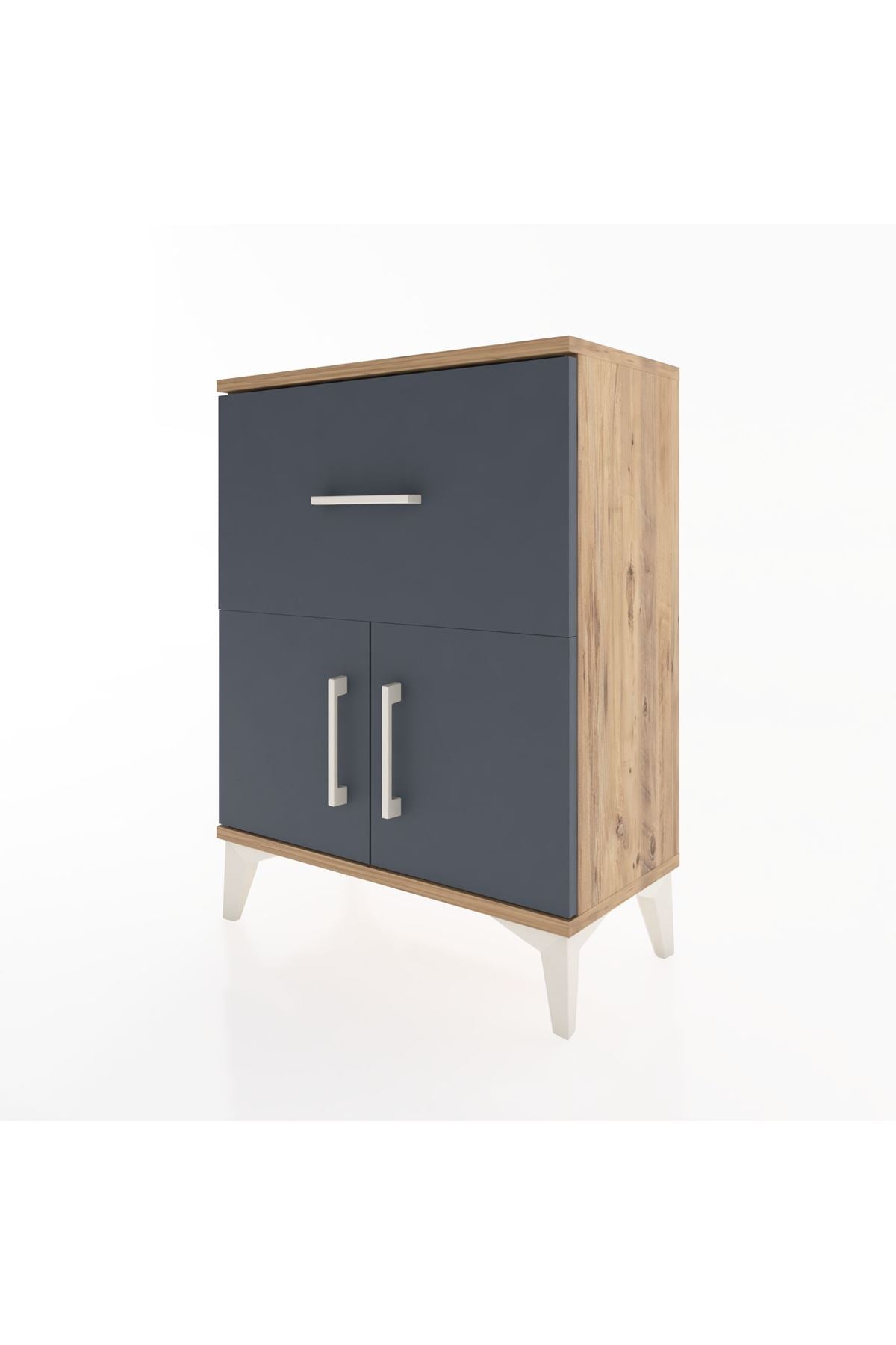 Arges Komodin 3 Raflı Tek Çekmeceli 2 Kapaklı 60x30x80 Çam-Antrasit