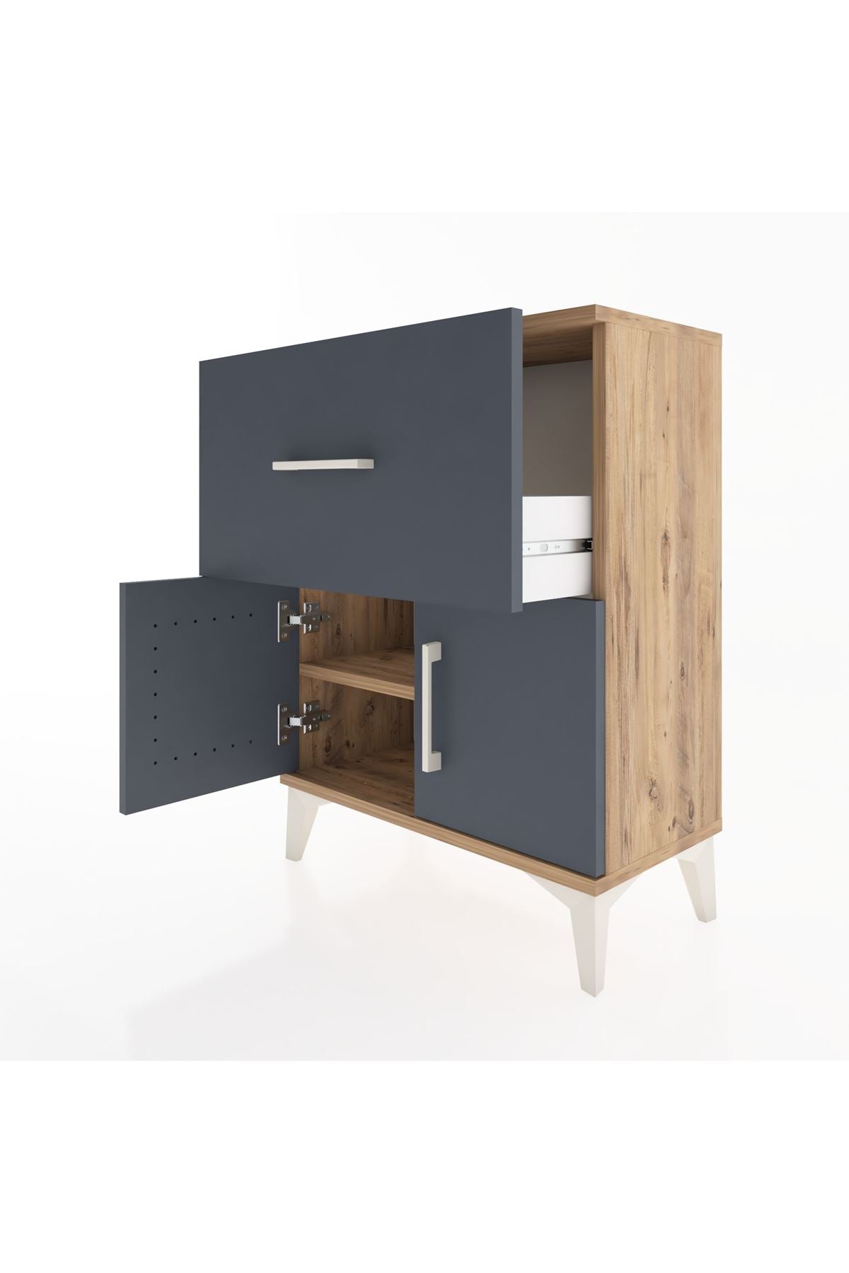 Arges Komodin 3 Raflı Tek Çekmeceli 2 Kapaklı 60x30x80 Çam-Antrasit