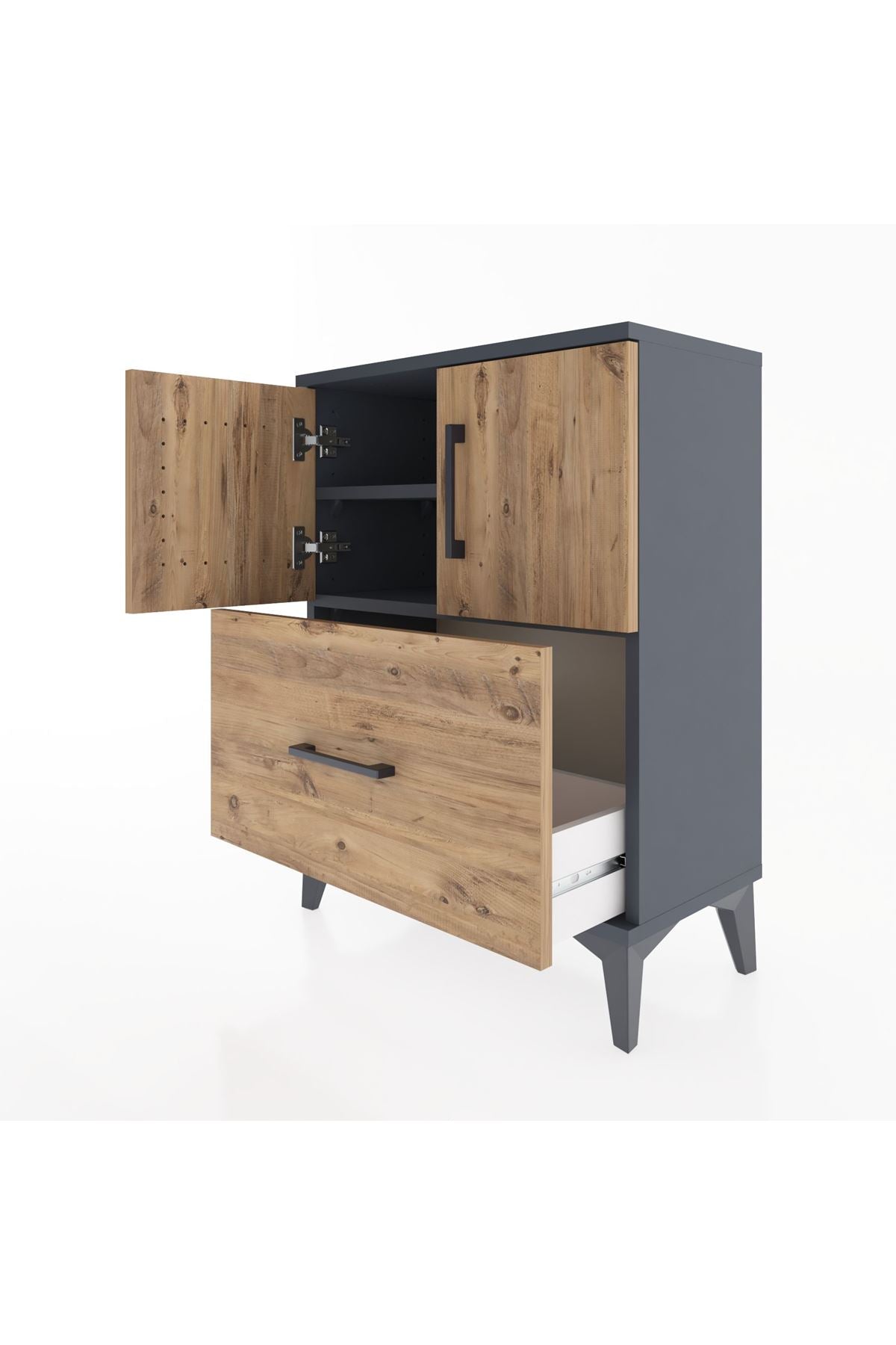 Arges Komodin Tek Raflı Tek Çekmeceli 2 Kapaklı 60x30x80 Antrasit-Çam