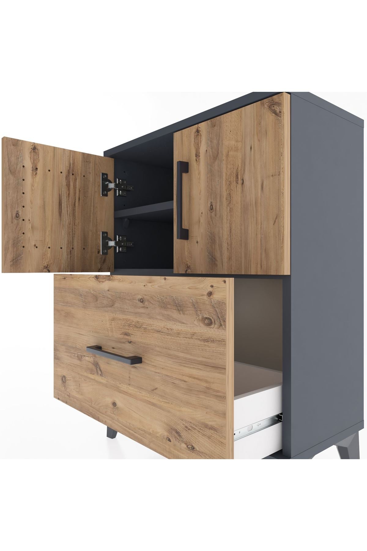 Arges Komodin Tek Raflı Tek Çekmeceli 2 Kapaklı 60x30x80 Antrasit-Çam