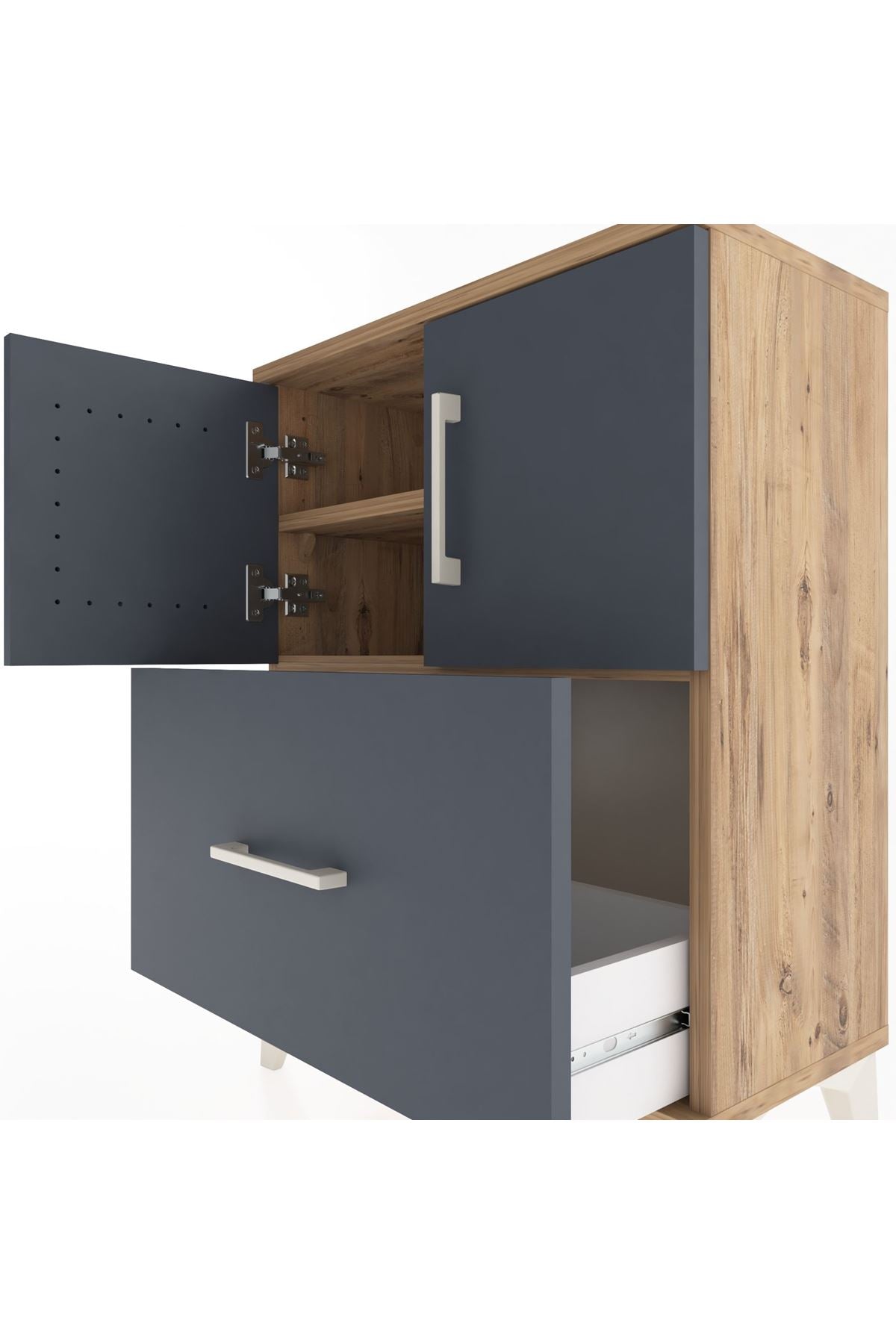 Arges Komodin Tek Raflı Tek Çekmeceli 2 Kapaklı 60x30x80 Çam-Antrasit