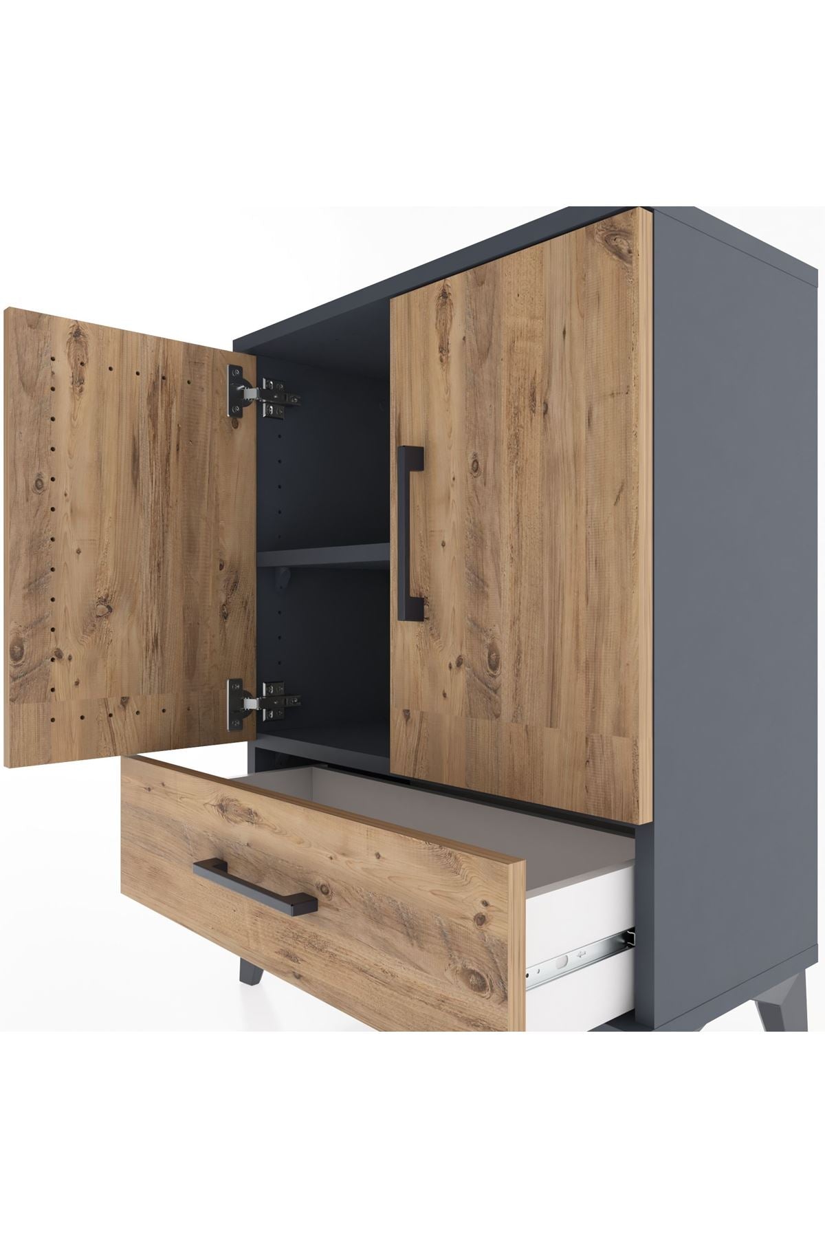 Arges Komodin 2 Raflı Tek Çekmeceli 2 Kapaklı 60x30x80 Antrasit-Çam