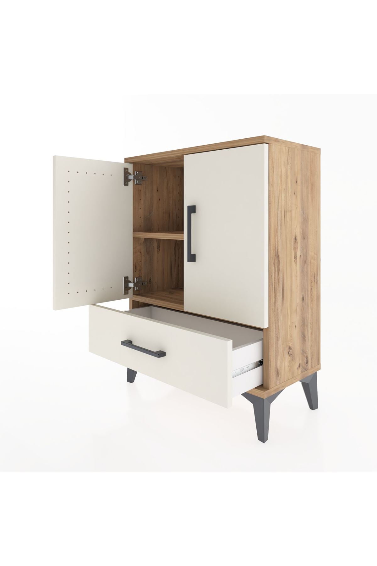 Arges Komodin 2 Raflı Tek Çekmeceli 2 Kapaklı 60x30x80 Çam-Aytaşı