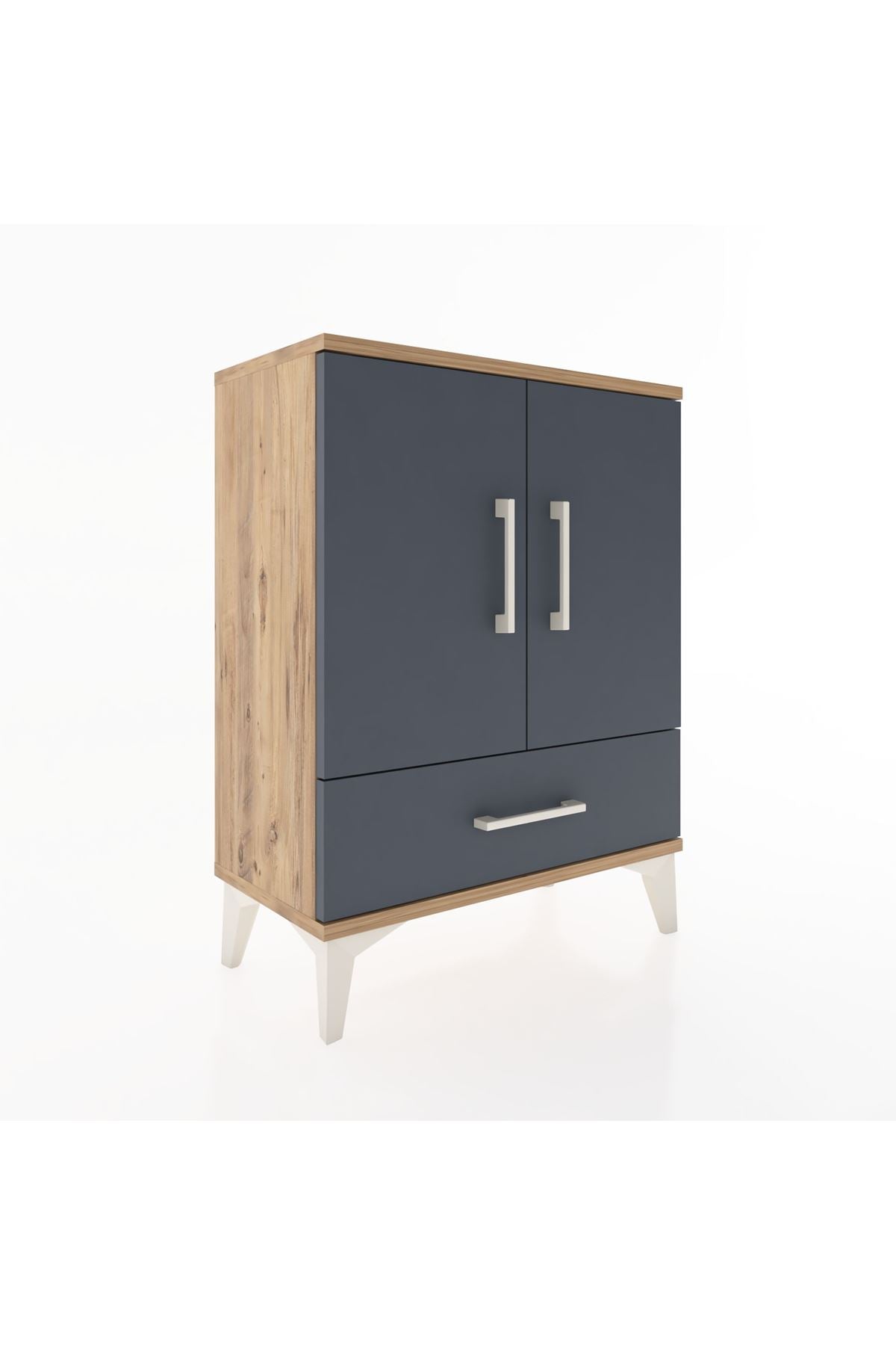 Arges Komodin 2 Raflı Tek Çekmeceli 2 Kapaklı 60x30x80 Çam-Antrasit