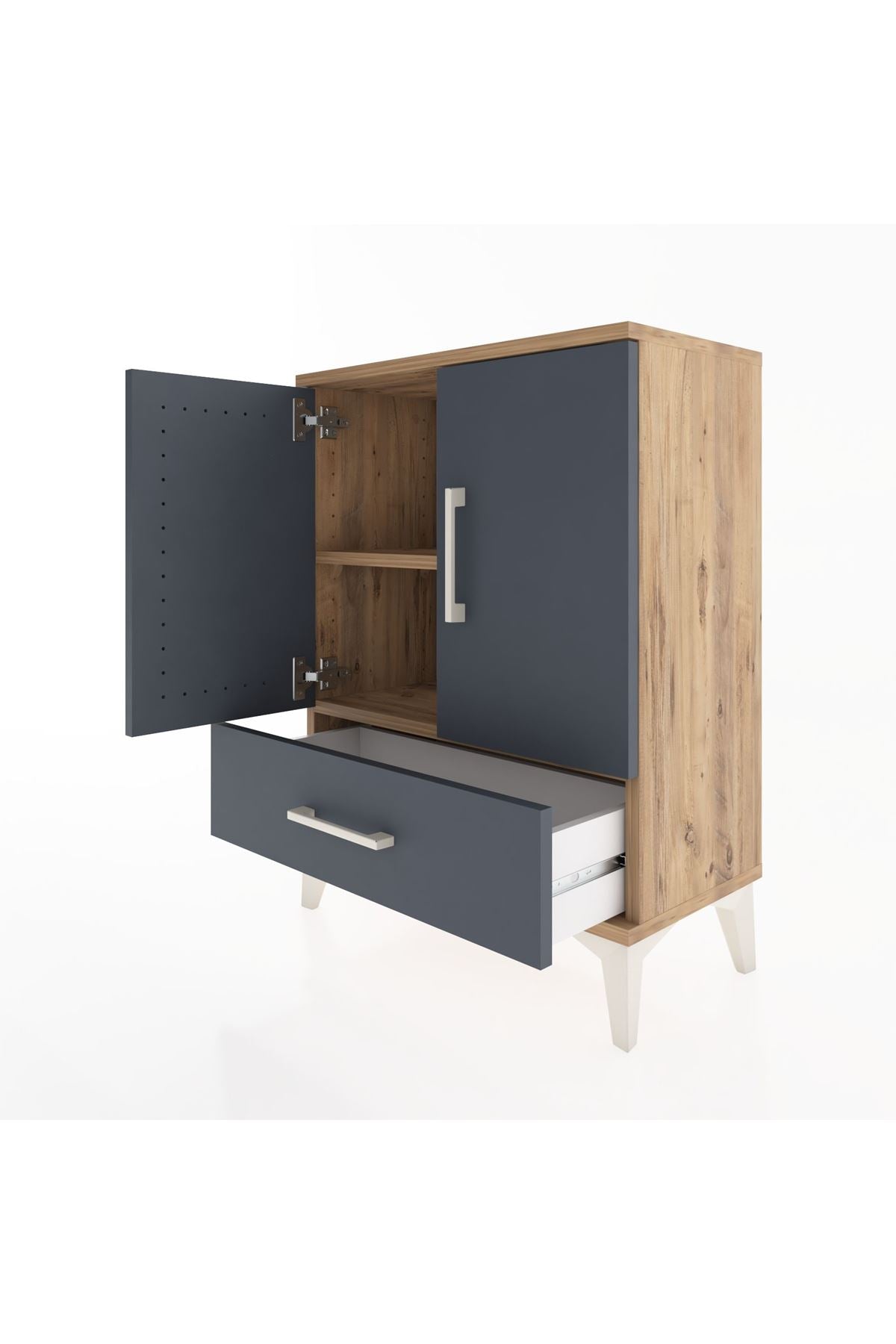 Arges Komodin 2 Raflı Tek Çekmeceli 2 Kapaklı 60x30x80 Çam-Antrasit
