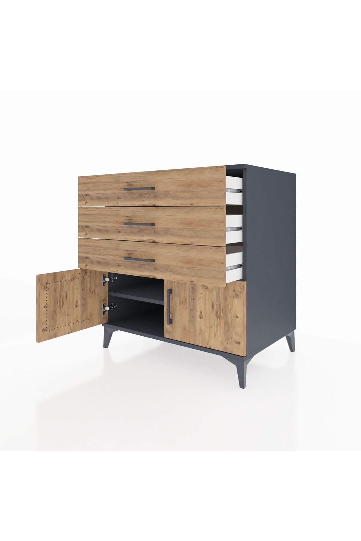 Kronos Şifonyer Tek Raflı 3 Çekmeceli 2 Kapaklı 88x59x96 Antrasit-Çam