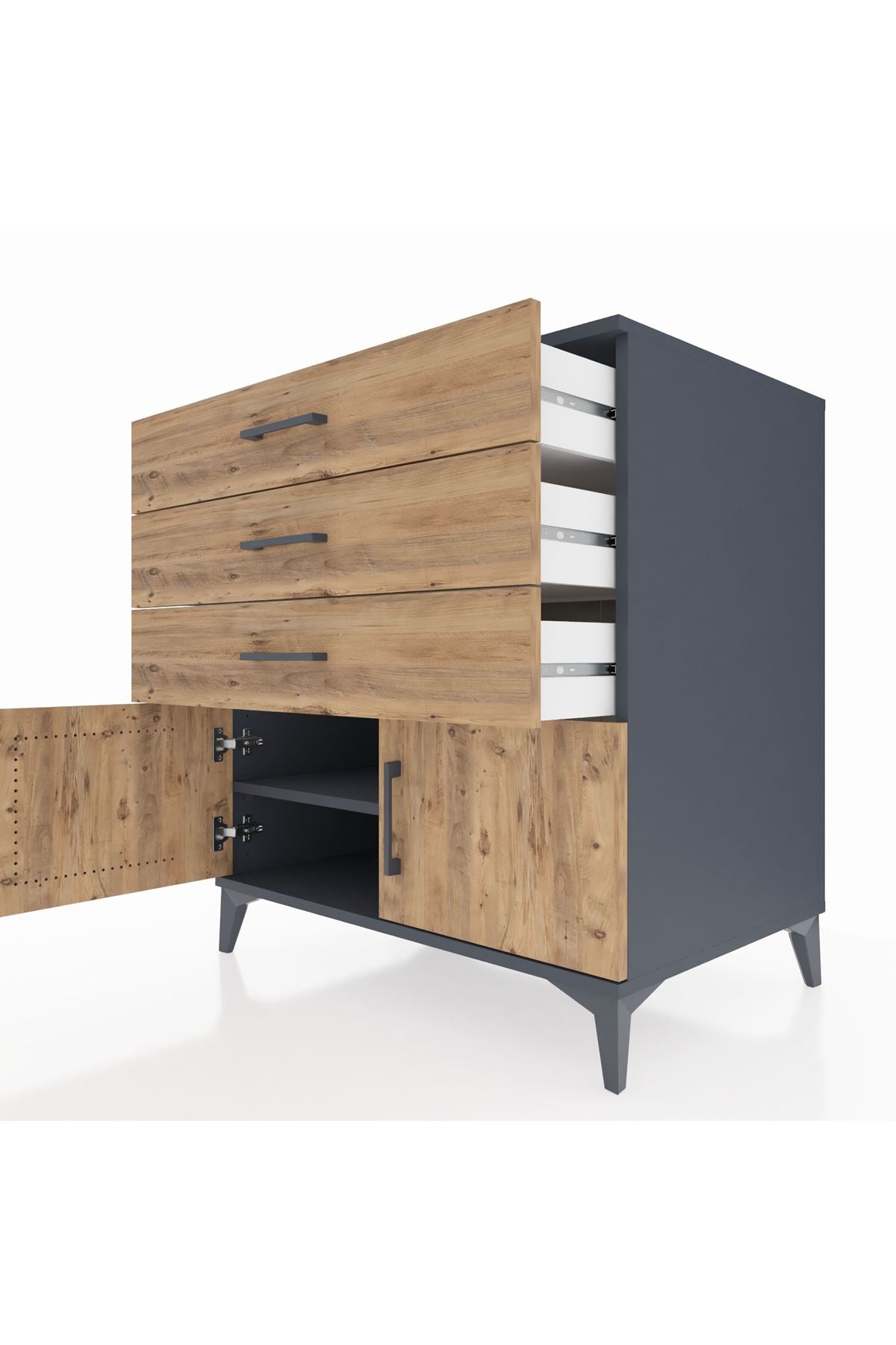 Kronos Şifonyer Tek Raflı 3 Çekmeceli 2 Kapaklı 88x59x96 Antrasit-Çam