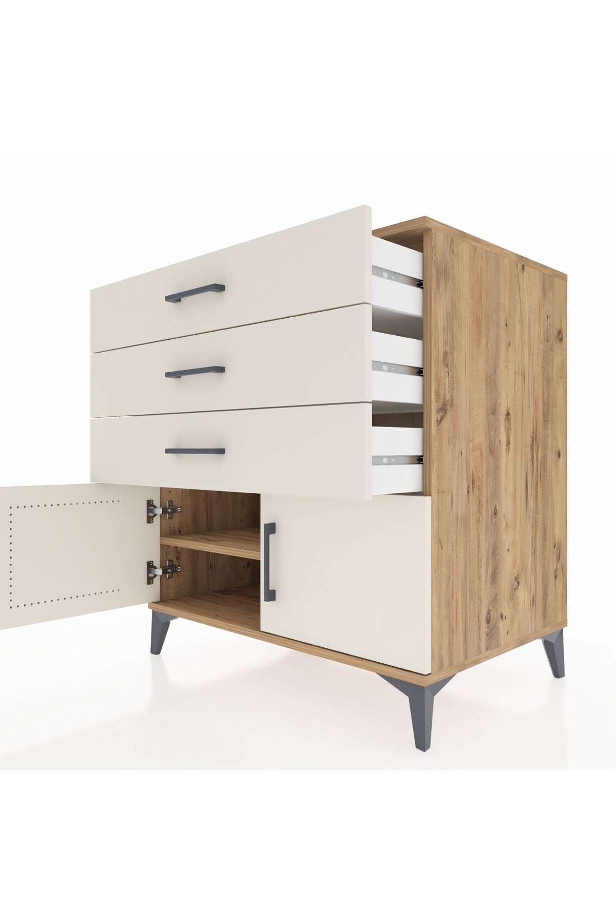 Kronos Şifonyer Tek Raflı 3 Çekmeceli 2 Kapaklı 88x59x96 Çam-Aytaşı