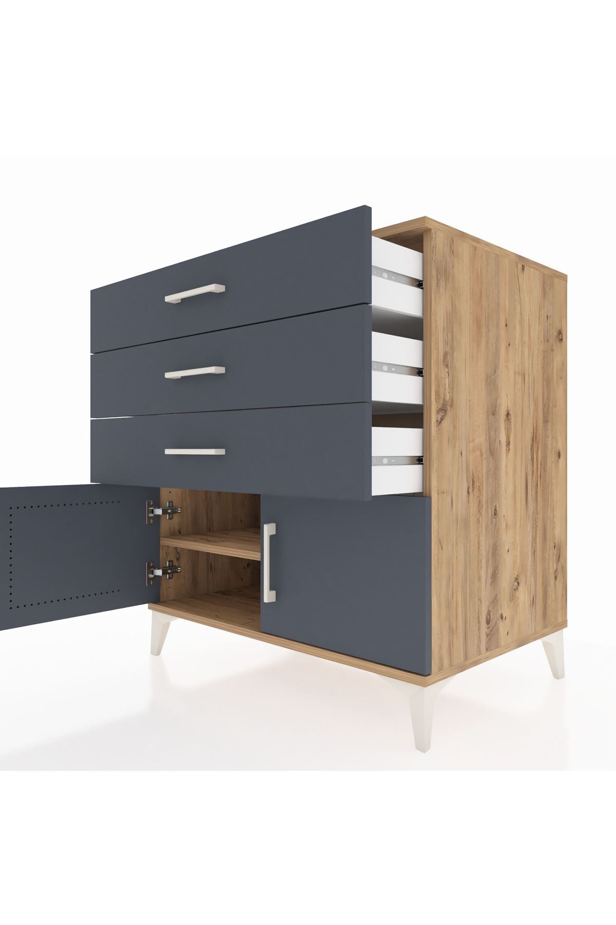 Kronos Şifonyer Tek Raflı 3 Çekmeceli 2 Kapaklı 88x59x96 Çam-Antrasit