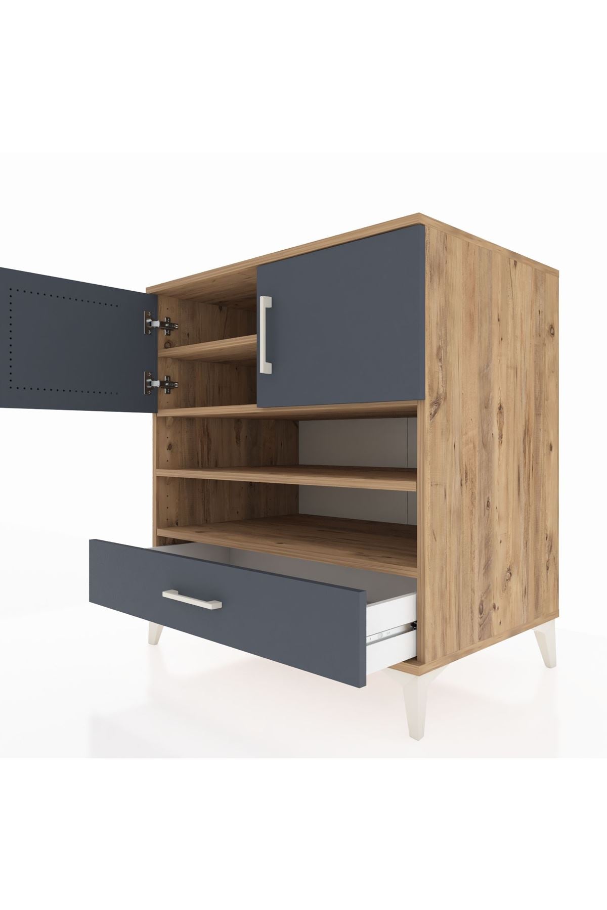 Kronos Şifonyer 4 Raflı Tek Çekmeceli 2 Kapaklı 88x59x96 Çam-Antrasit