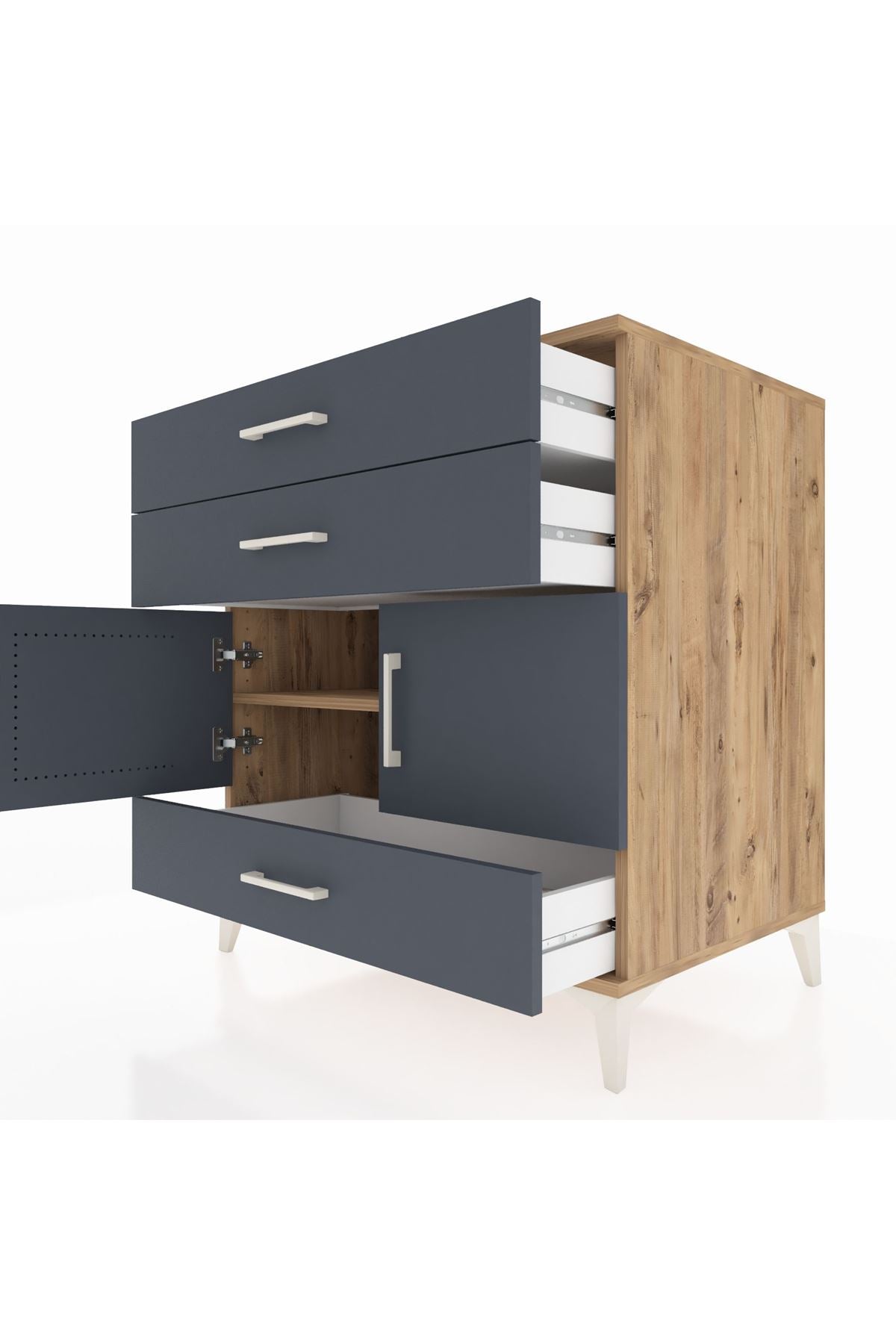 Kronos Şifonyer Tek Raflı 3 Çekmeceli 2 Kapaklı 88x59x96 Çam-Antrasit