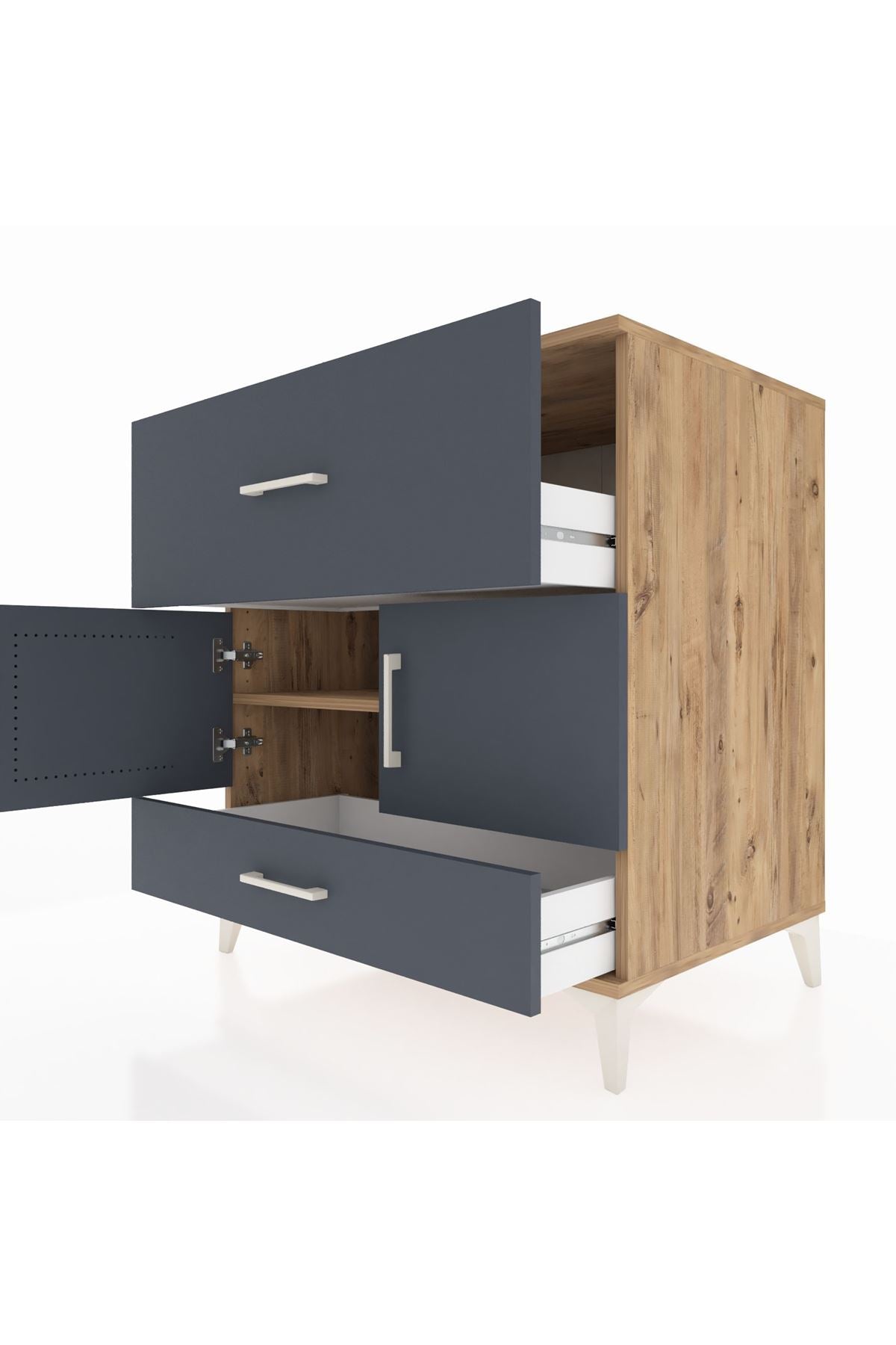 Kronos Şifonyer Tek Raflı 2 Çekmeceli 2 Kapaklı 88x59x96 Çam-Antrasit