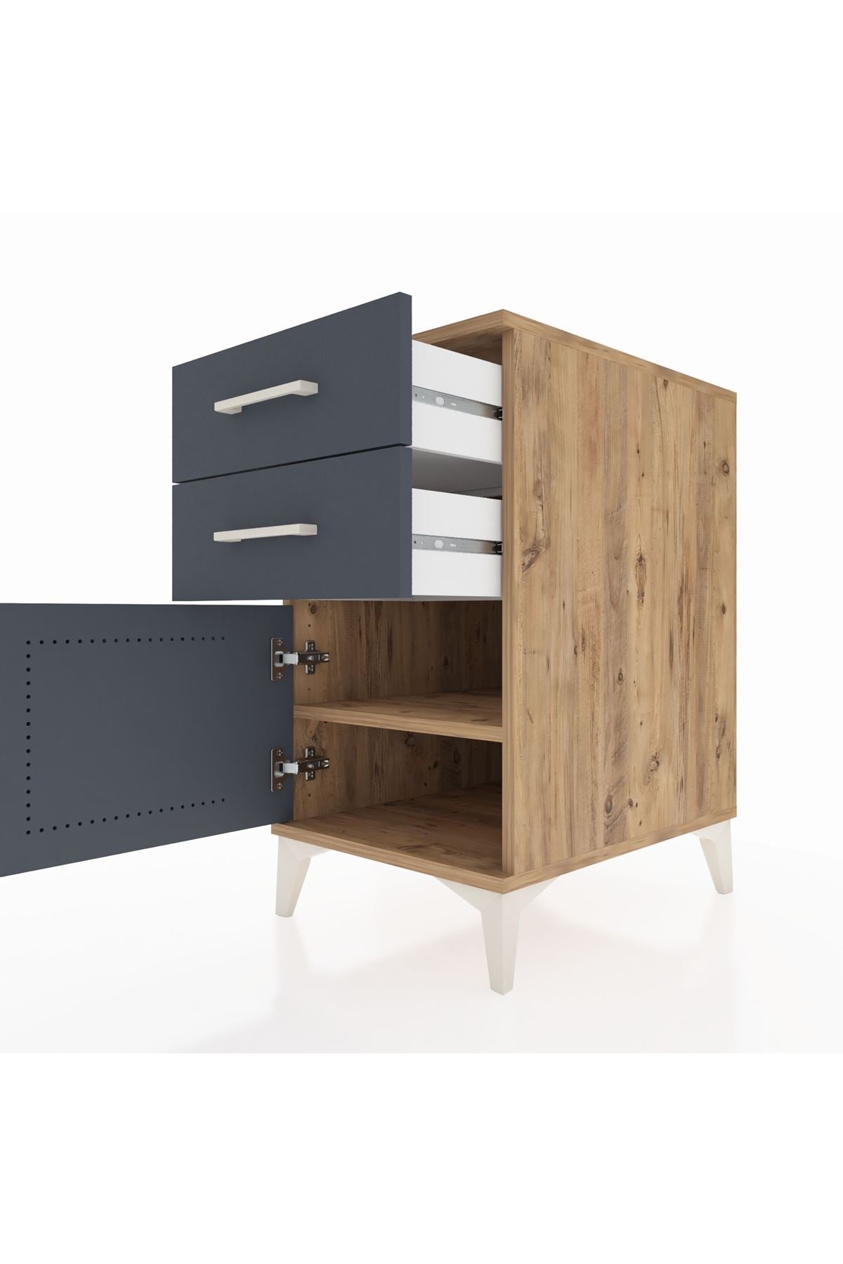 Kronos Komodin Tek Raflı 2 Çekmeceli Tek Kapaklı 44x59x80 Çam-Antrasit