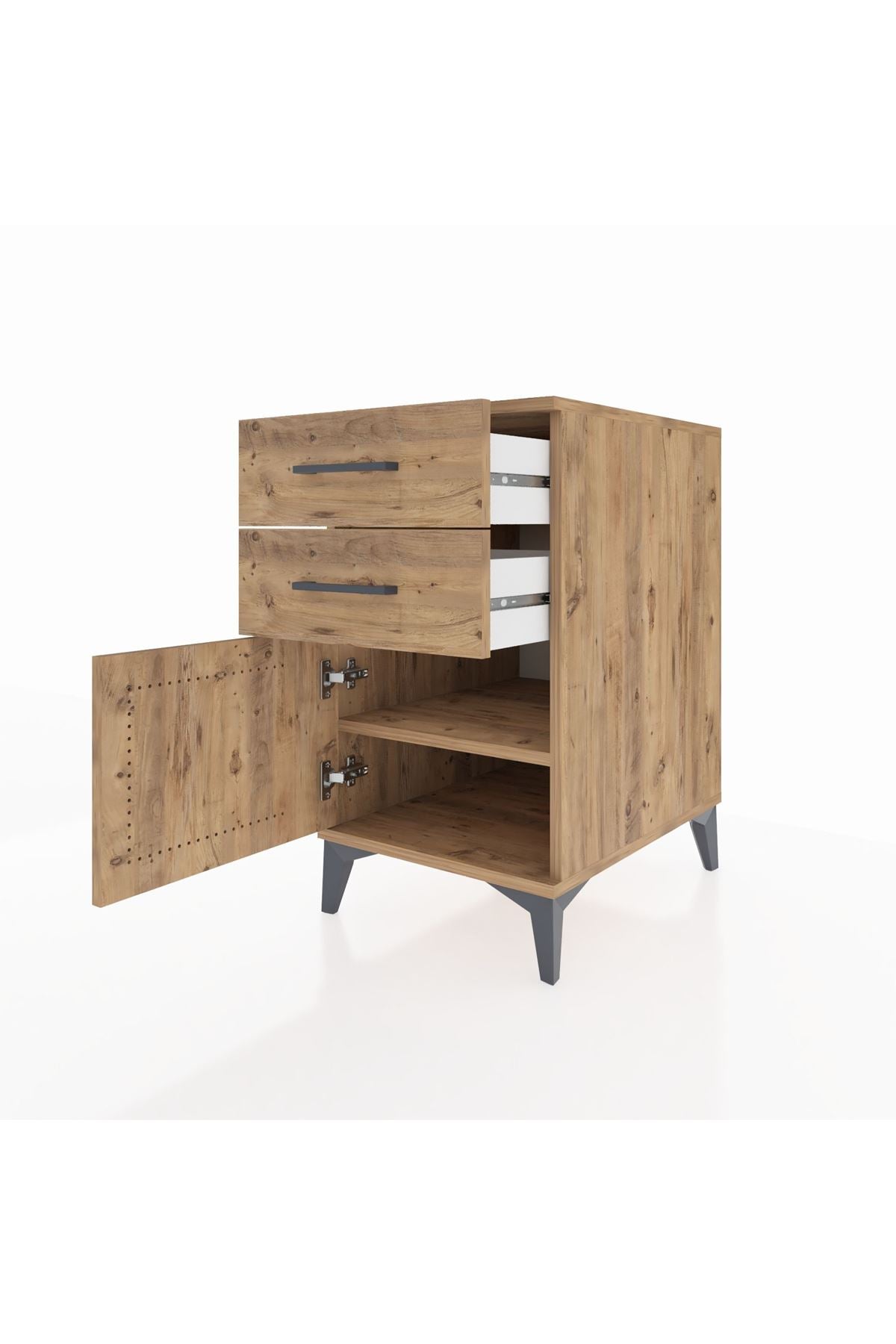 Kronos Komodin Tek Raflı 2 Çekmeceli Tek Kapaklı 44x59x80 Çam-Çam