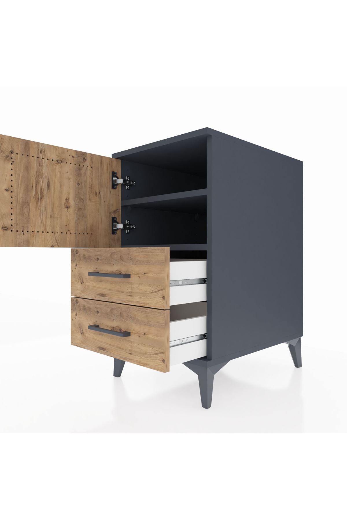 Kronos Komodin 2 Raflı 2 Çekmeceli Tek Kapaklı 44x59x80 Antrasit-Çam