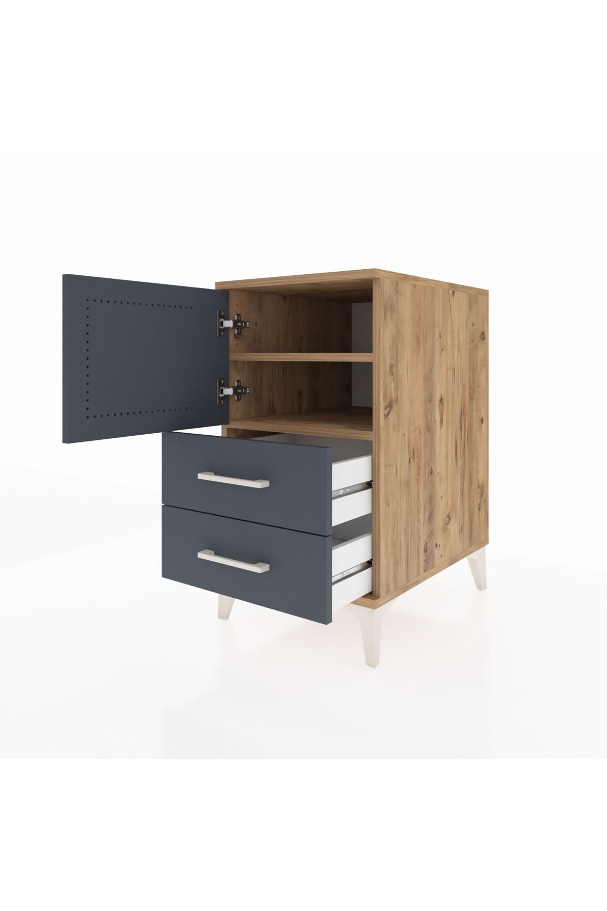 Kronos Komodin 2 Raflı 2 Çekmeceli Tek Kapaklı 44x59x80 Çam-Antrasit