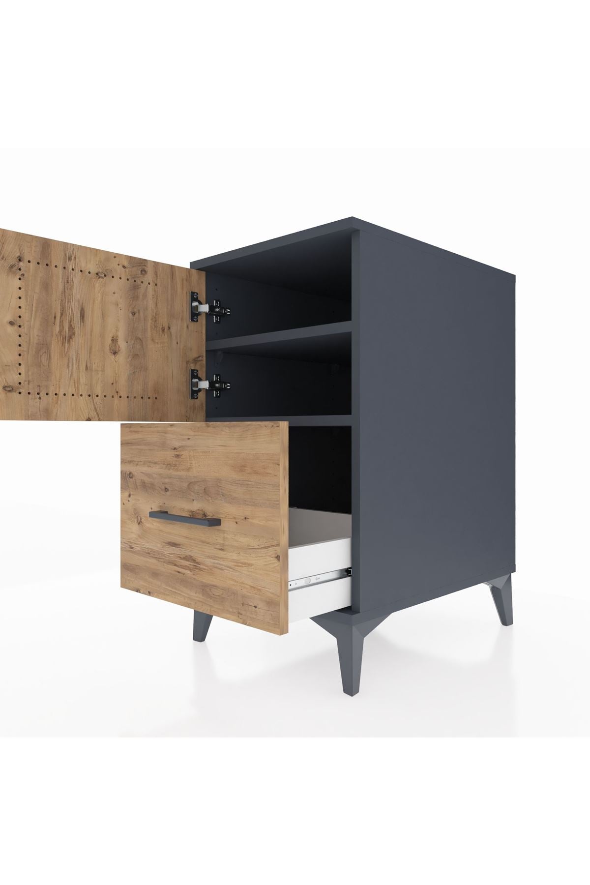 Kronos Komodin 2 Raflı Tek Çekmeceli Tek Kapaklı 44x59x80 Antrasit-Çam