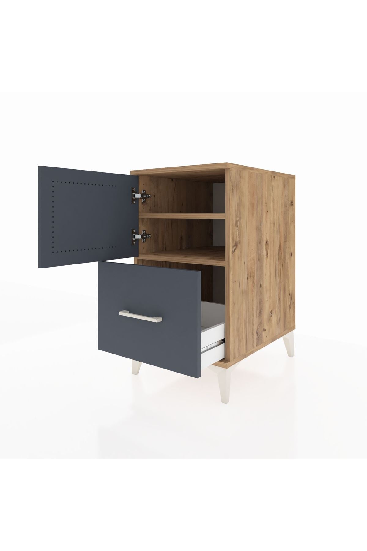 Kronos Komodin 2 Raflı Tek Çekmeceli Tek Kapaklı 44x59x80 Çam-Antrasit