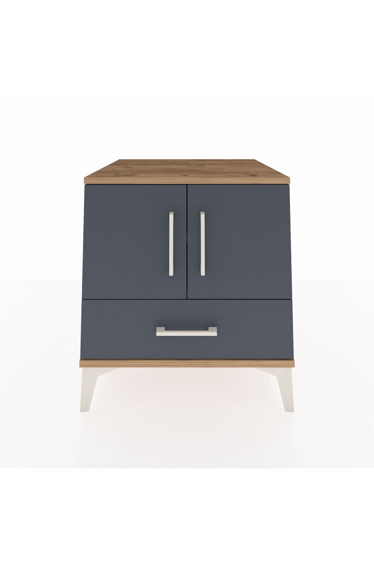 Kronos Komodin 2 Raflı Tek Çekmeceli 2 Kapaklı 60x59x64 Çam-Antrasit