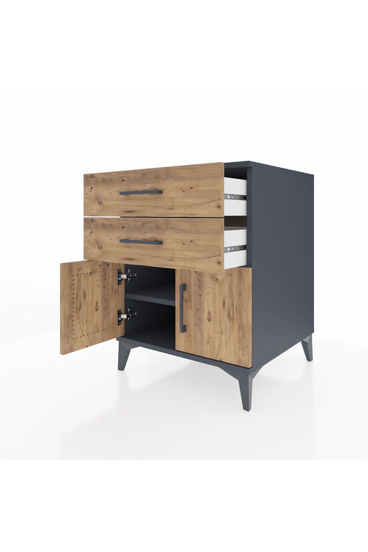 Kronos Komodin Tek Raflı 2 Çekmeceli 2 Kapaklı 60x59x80 Antrasit-Çam