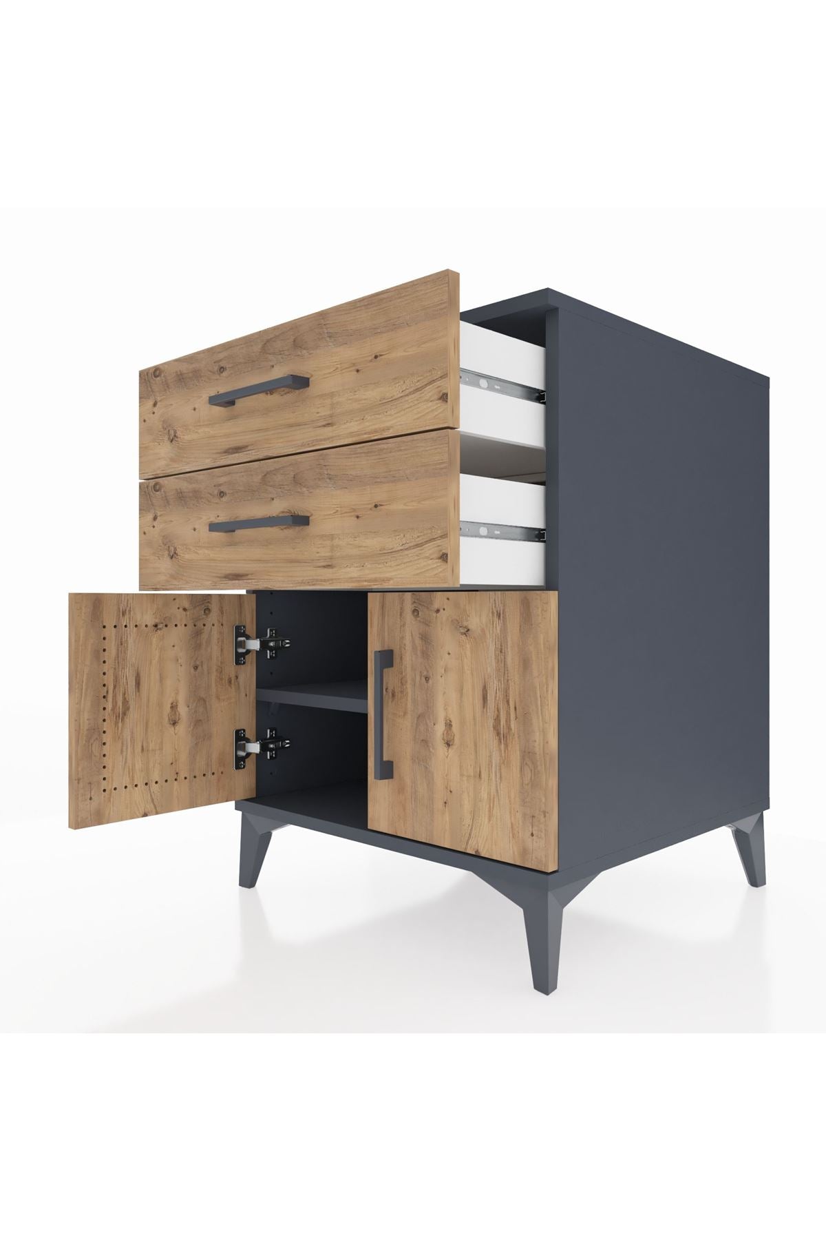 Kronos Komodin Tek Raflı 2 Çekmeceli 2 Kapaklı 60x59x80 Antrasit-Çam