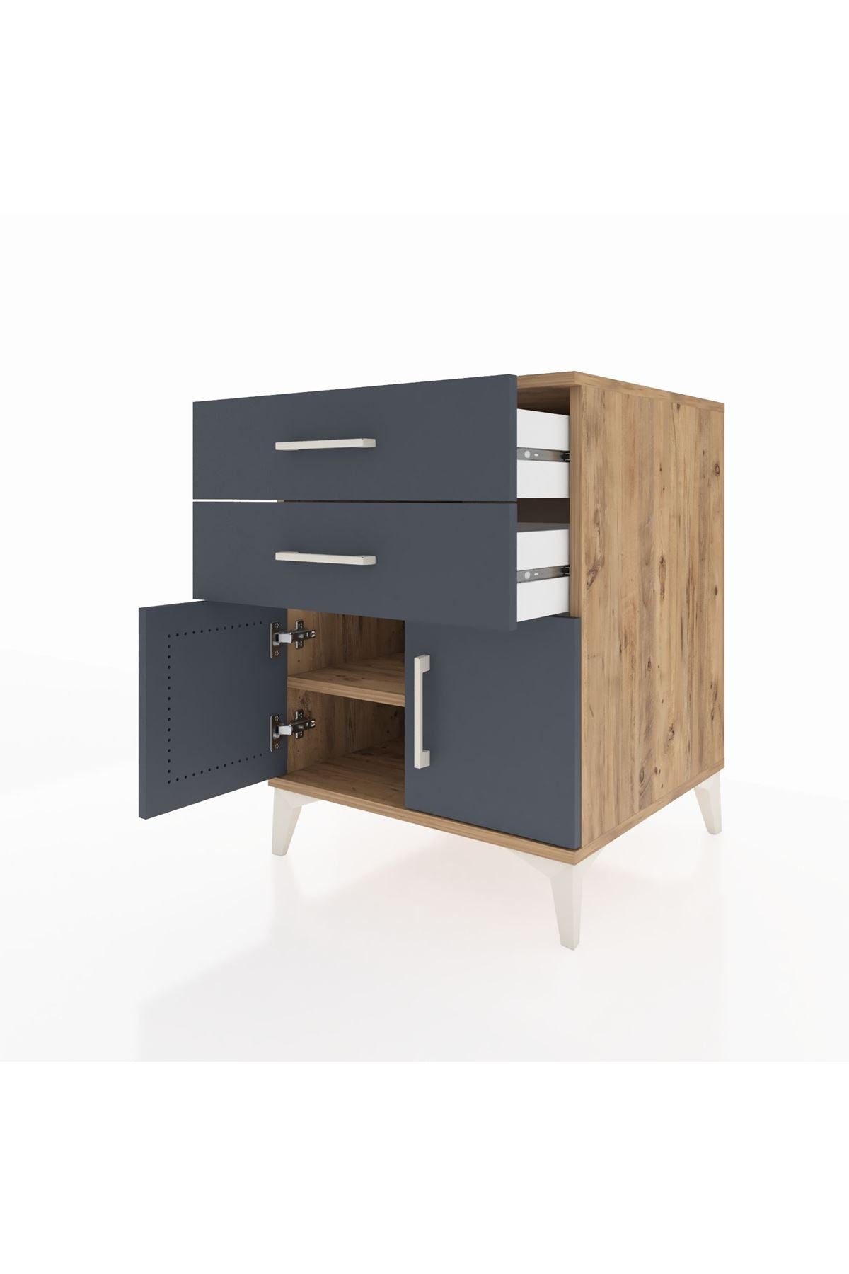 Kronos Komodin Tek Raflı 2 Çekmeceli 2 Kapaklı 60x59x80 Çam-Antrasit