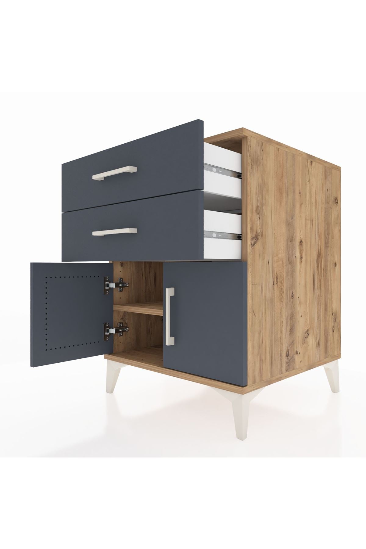 Kronos Komodin Tek Raflı 2 Çekmeceli 2 Kapaklı 60x59x80 Çam-Antrasit