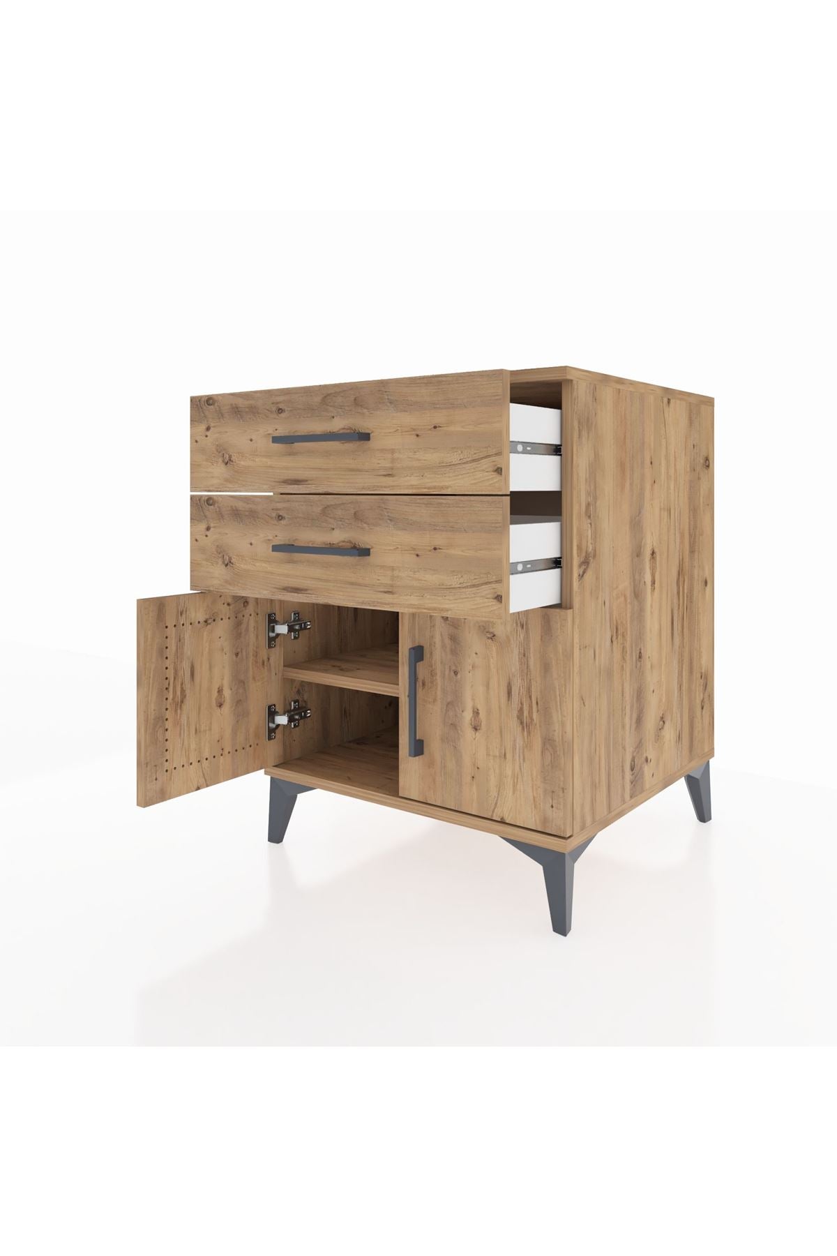 Kronos Komodin Tek Raflı 2 Çekmeceli 2 Kapaklı 60x59x80 Çam-Çam