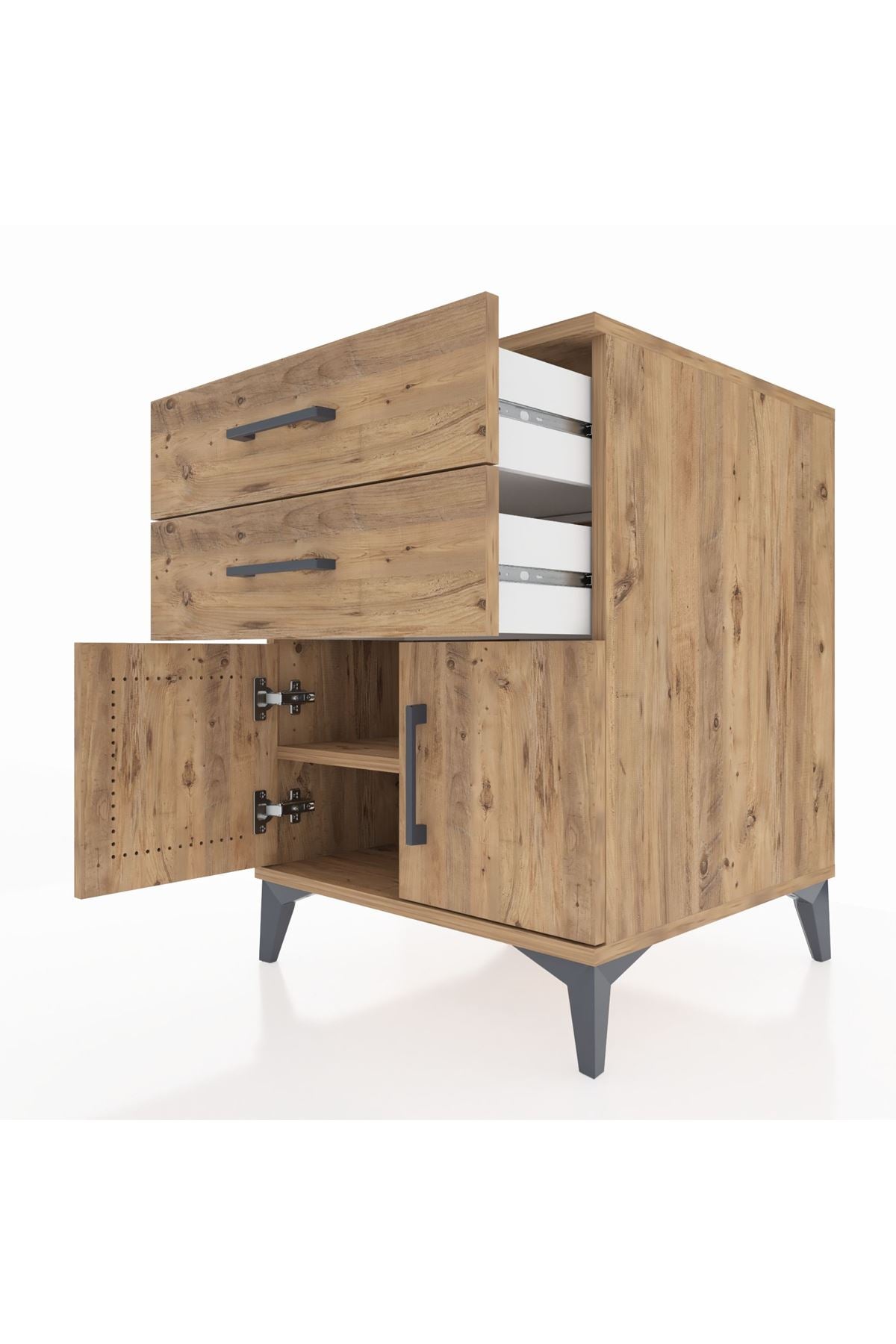 Kronos Komodin Tek Raflı 2 Çekmeceli 2 Kapaklı 60x59x80 Çam-Çam