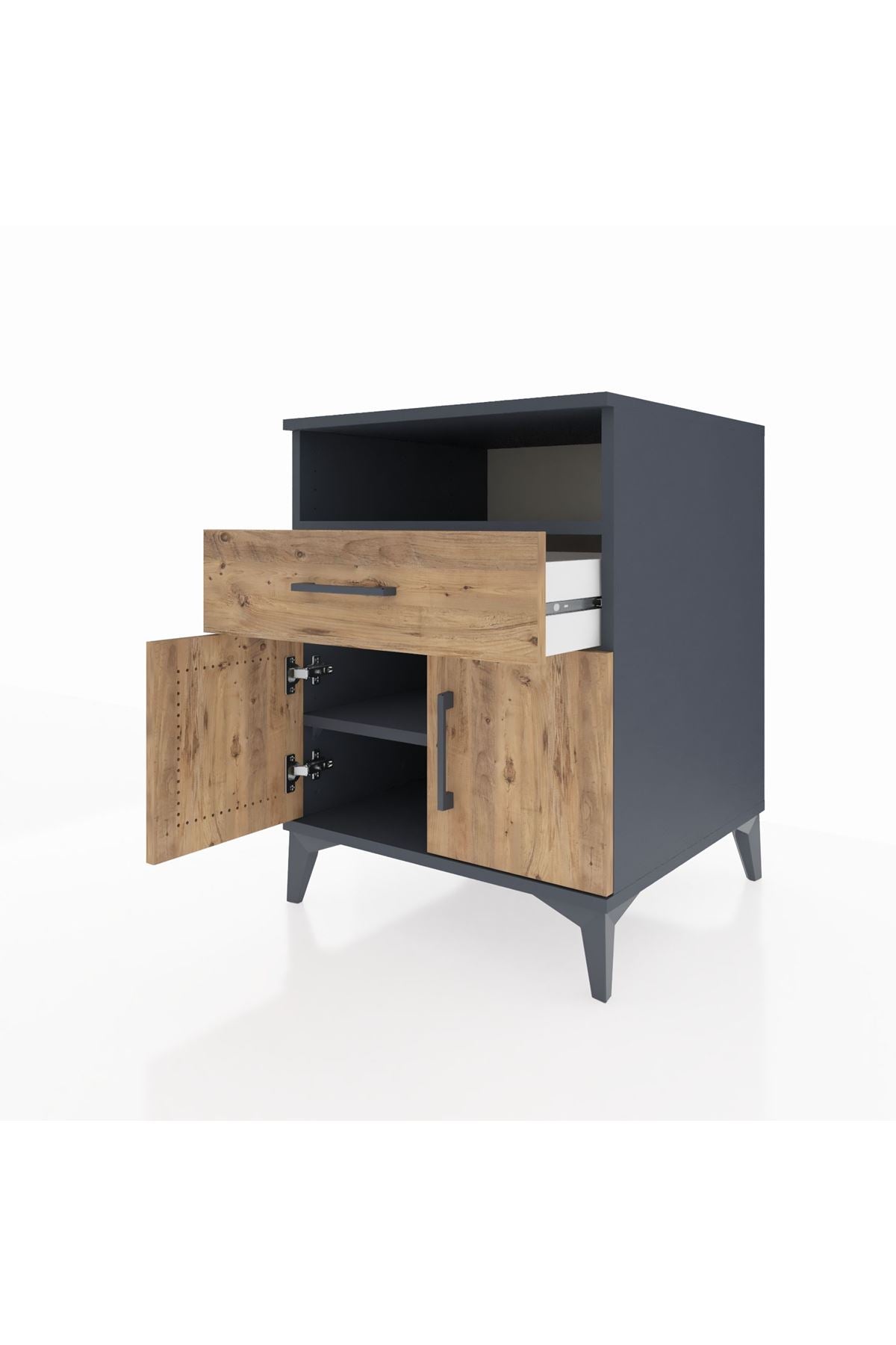 Kronos Komodin 2 Raflı Tek Çekmeceli 2 Kapaklı 60x59x80 Antrasit-Çam