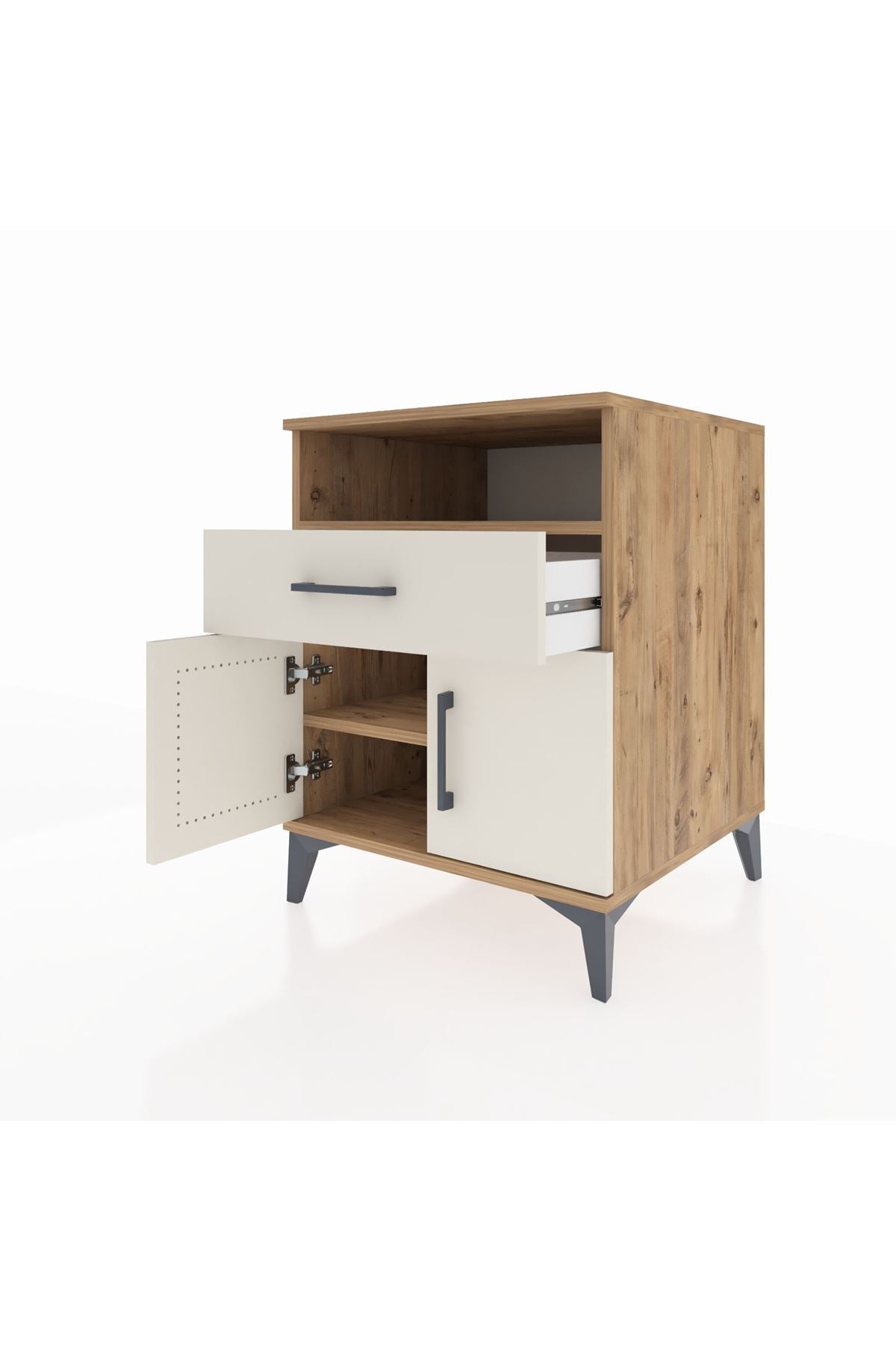 Kronos Komodin 2 Raflı Tek Çekmeceli 2 Kapaklı 60x59x80 Çam-Aytaşı