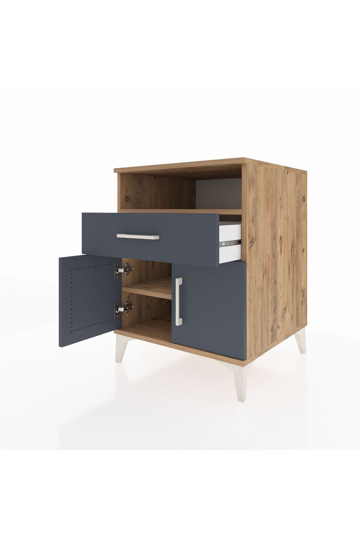 Kronos Komodin 2 Raflı Tek Çekmeceli 2 Kapaklı 60x59x80 Çam-Antrasit