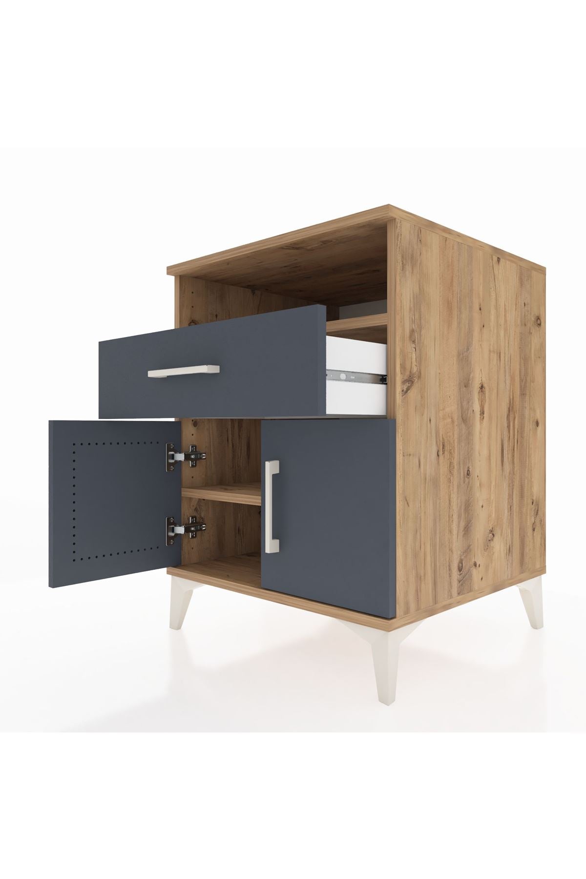 Kronos Komodin 2 Raflı Tek Çekmeceli 2 Kapaklı 60x59x80 Çam-Antrasit