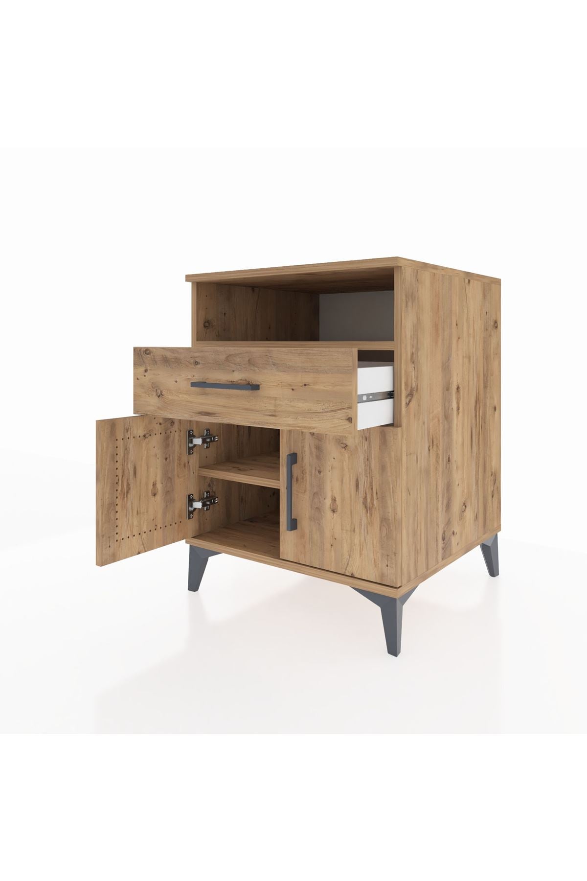 Kronos Komodin 2 Raflı Tek Çekmeceli 2 Kapaklı 60x59x80 Çam-Çam