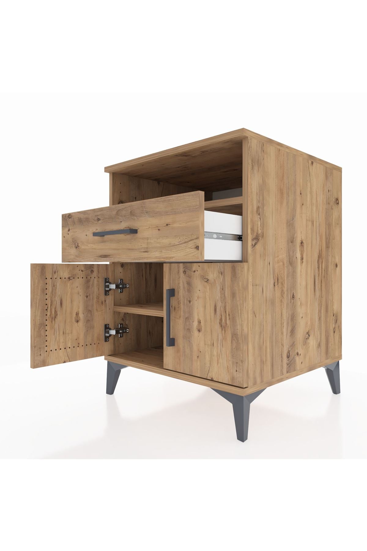 Kronos Komodin 2 Raflı Tek Çekmeceli 2 Kapaklı 60x59x80 Çam-Çam