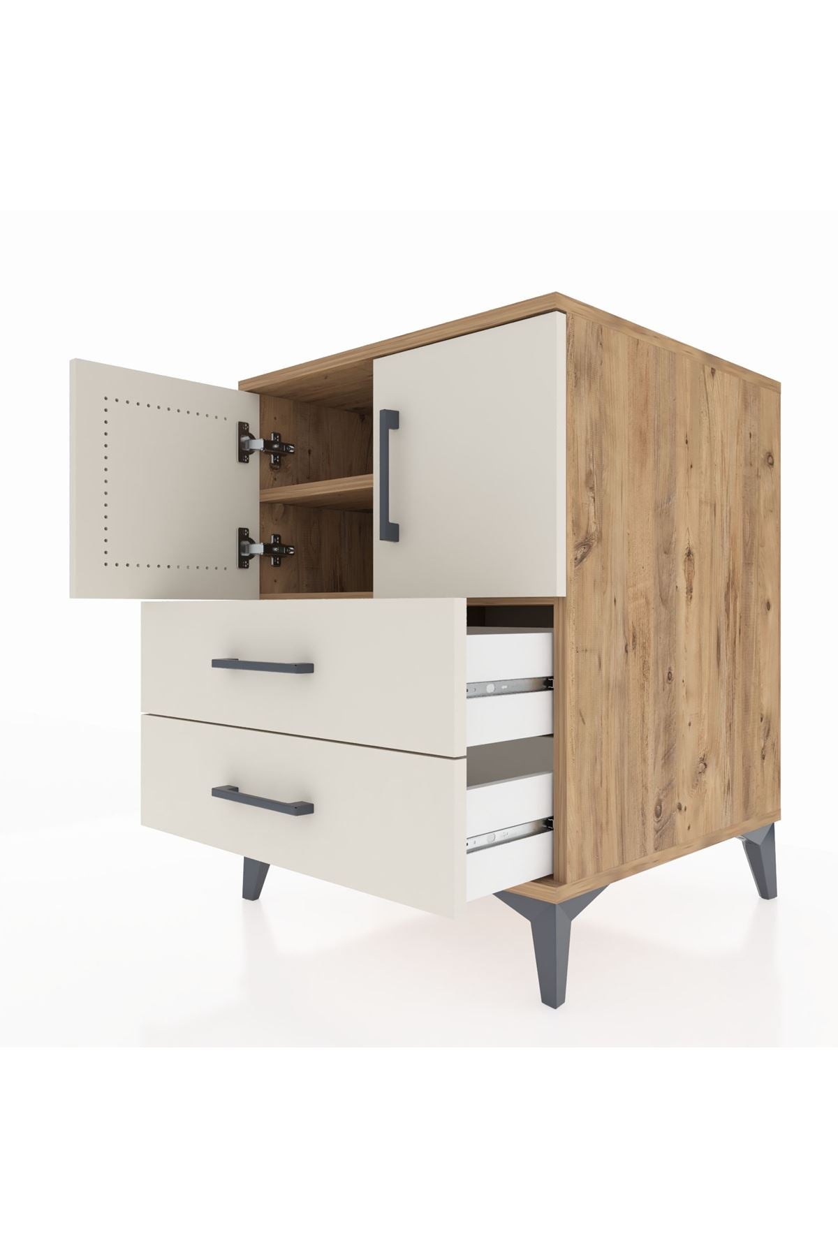 Kronos Komodin 2 Raflı 2 Çekmeceli 2 Kapaklı 60x59x80 Çam-Aytaşı