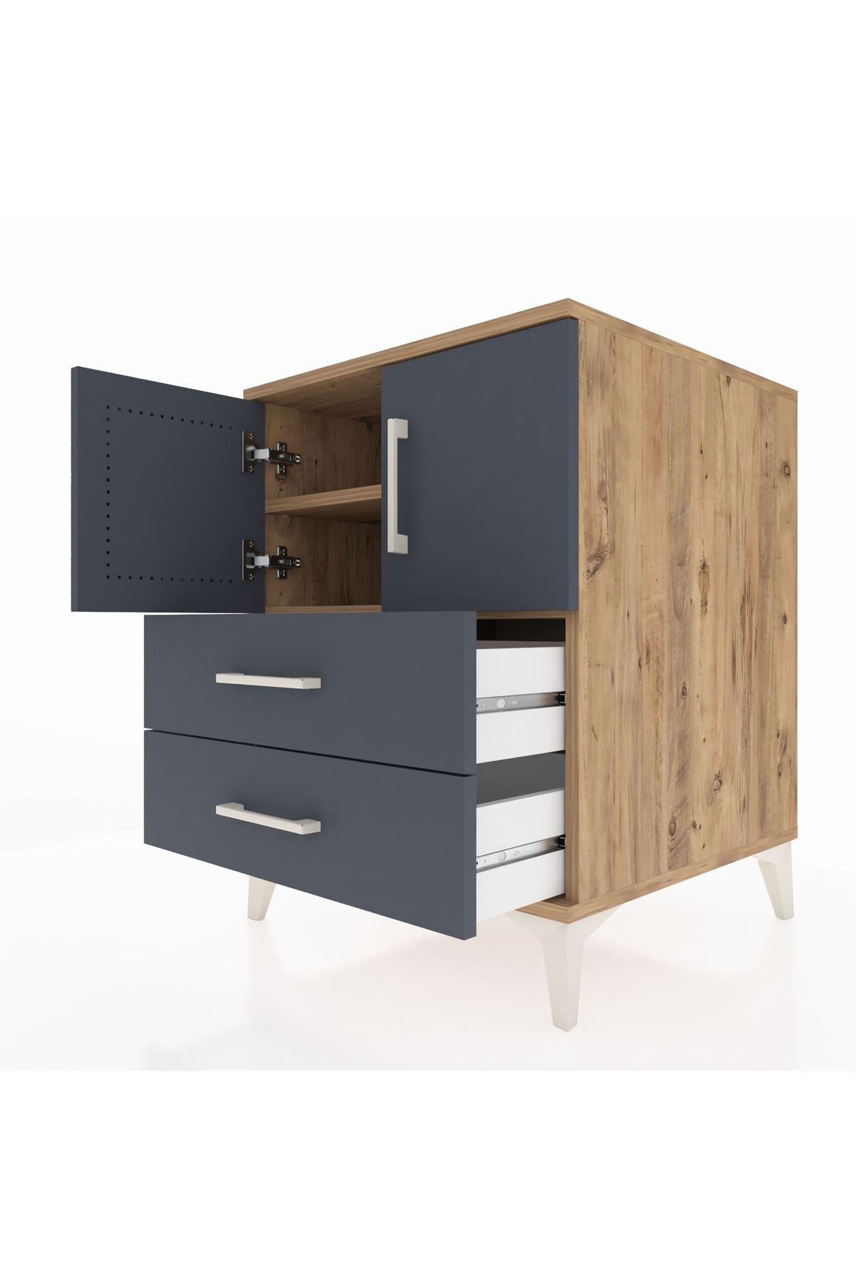 Kronos Komodin 2 Raflı 2 Çekmeceli 2 Kapaklı 60x59x80 Çam-Antrasit