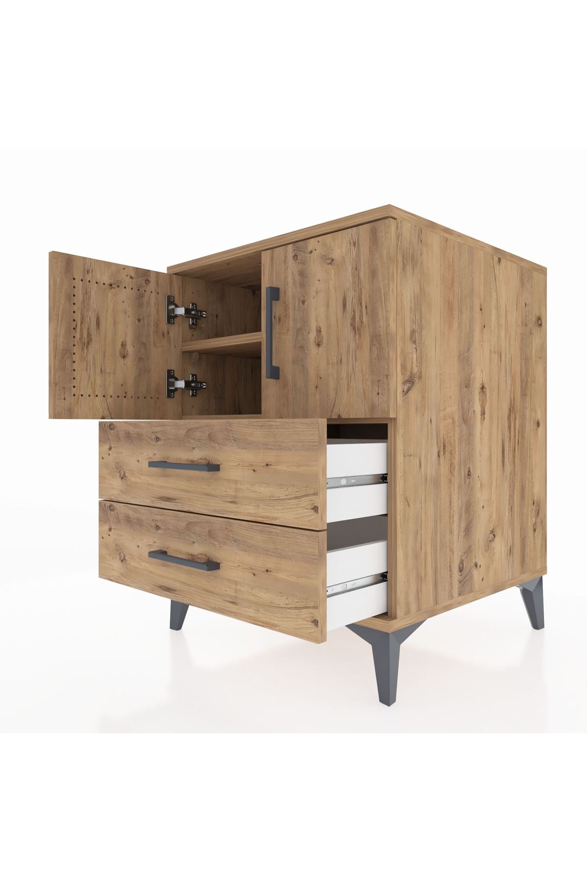 Kronos Komodin 2 Raflı 2 Çekmeceli 2 Kapaklı 60x59x80 Çam-Çam